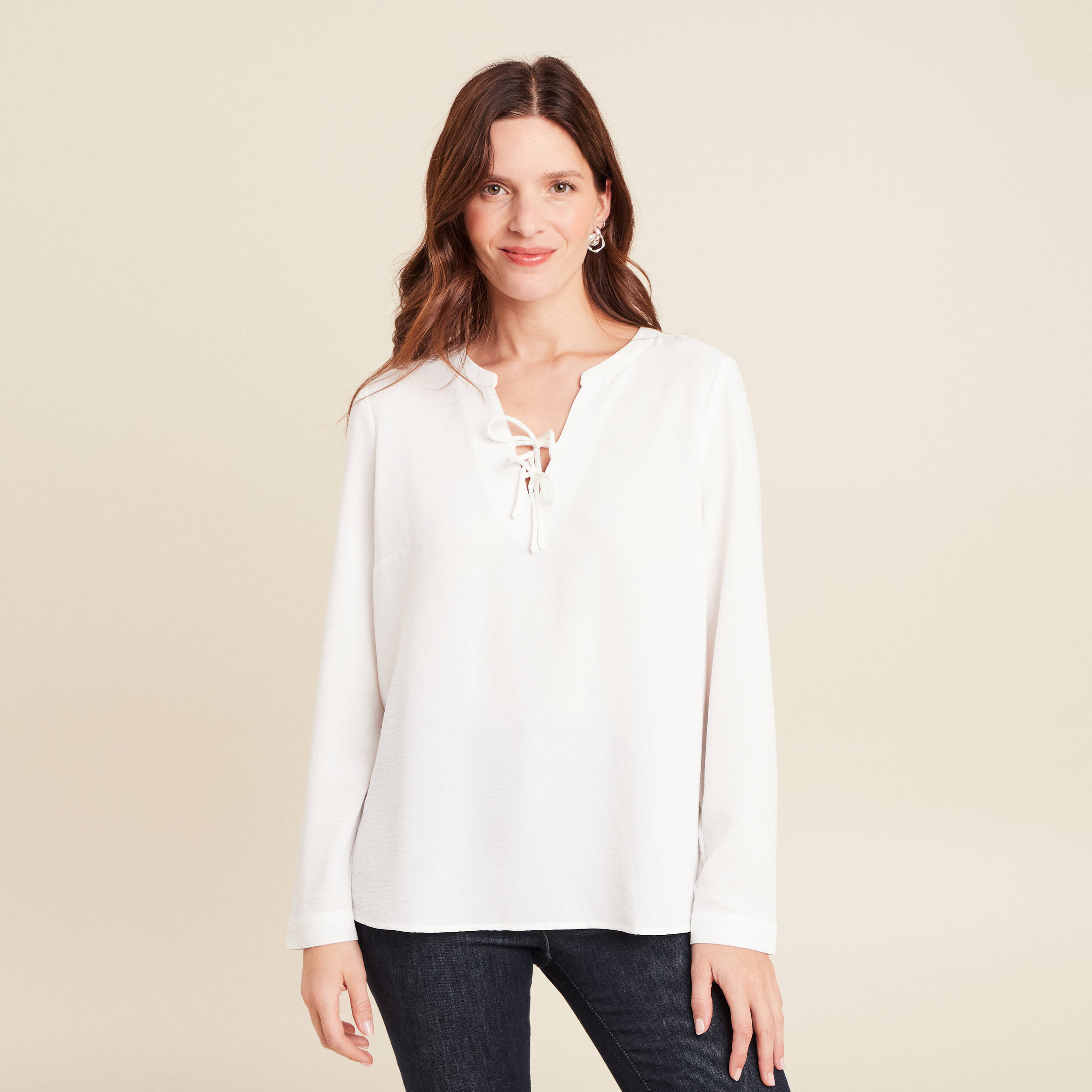 Blouse fluide n&oelig;uds manches longues ecru femme