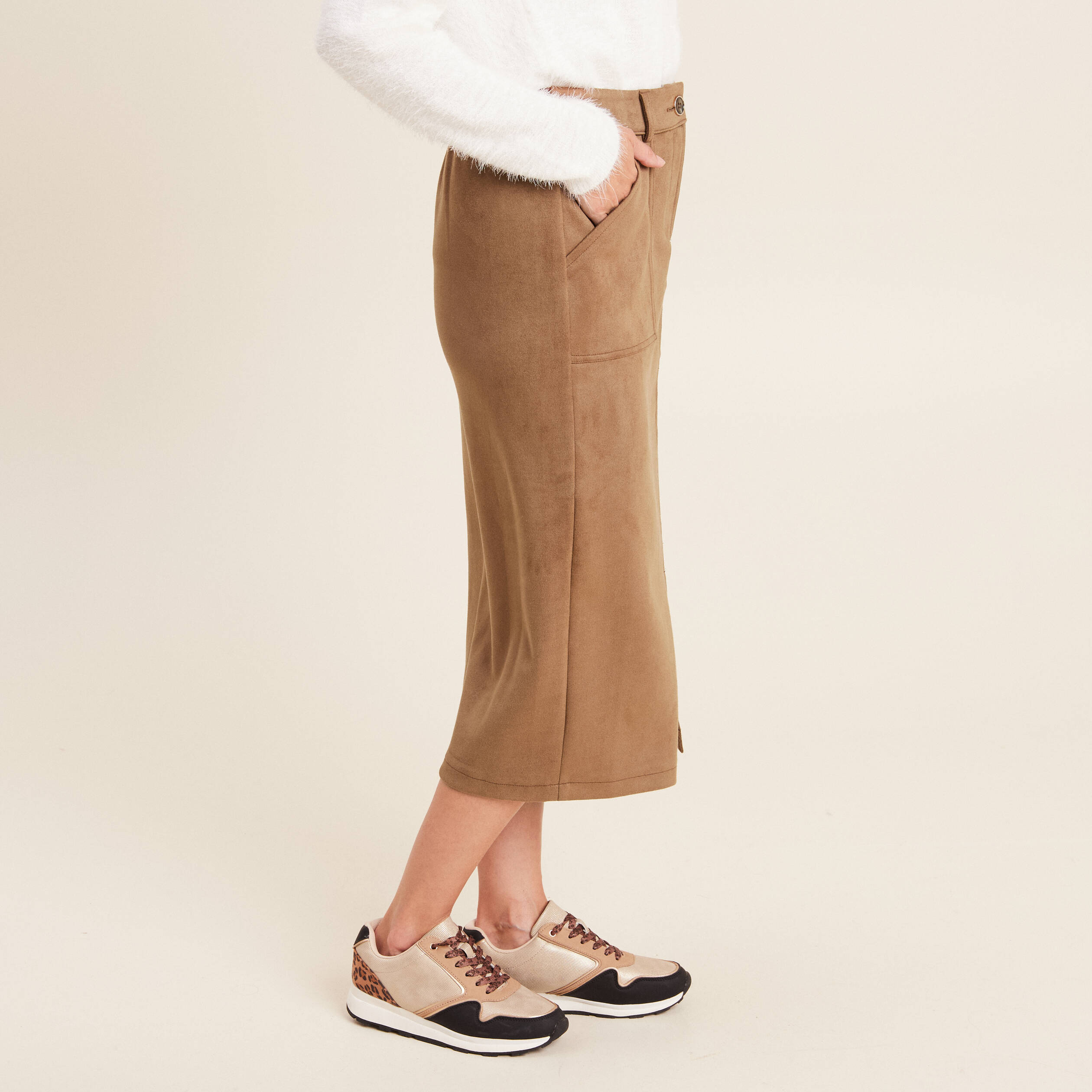 jupe longue droite suedine marron femme Jupe longue droite suédine marron femme