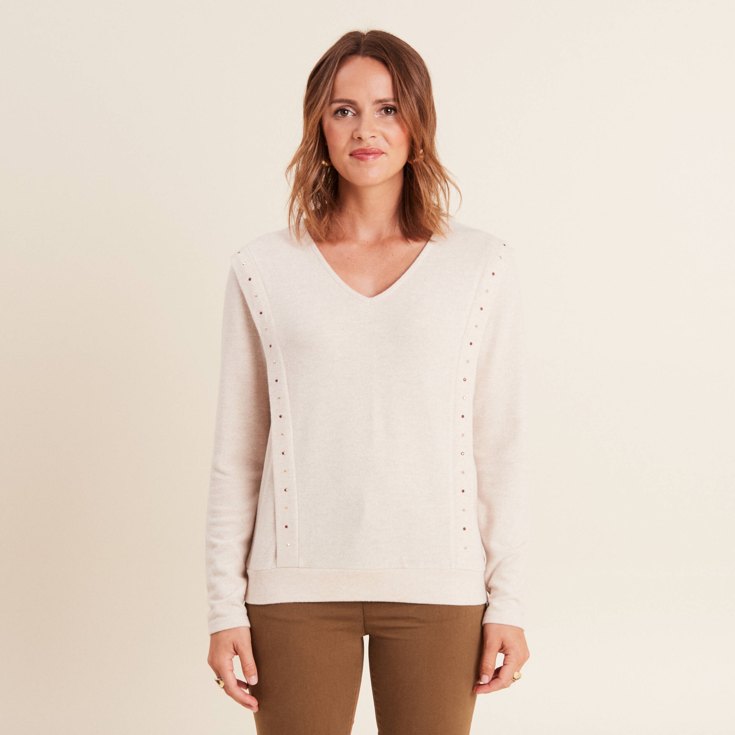 T-shirt manches longues ecru femme creme femme