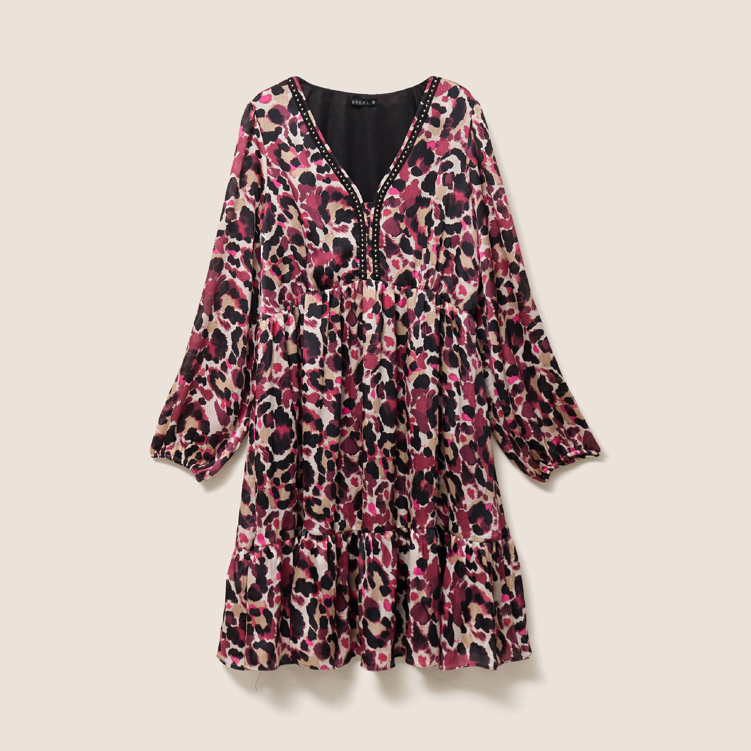 Robe courte &eacute;vas&eacute;e col v manches longues rose femme
