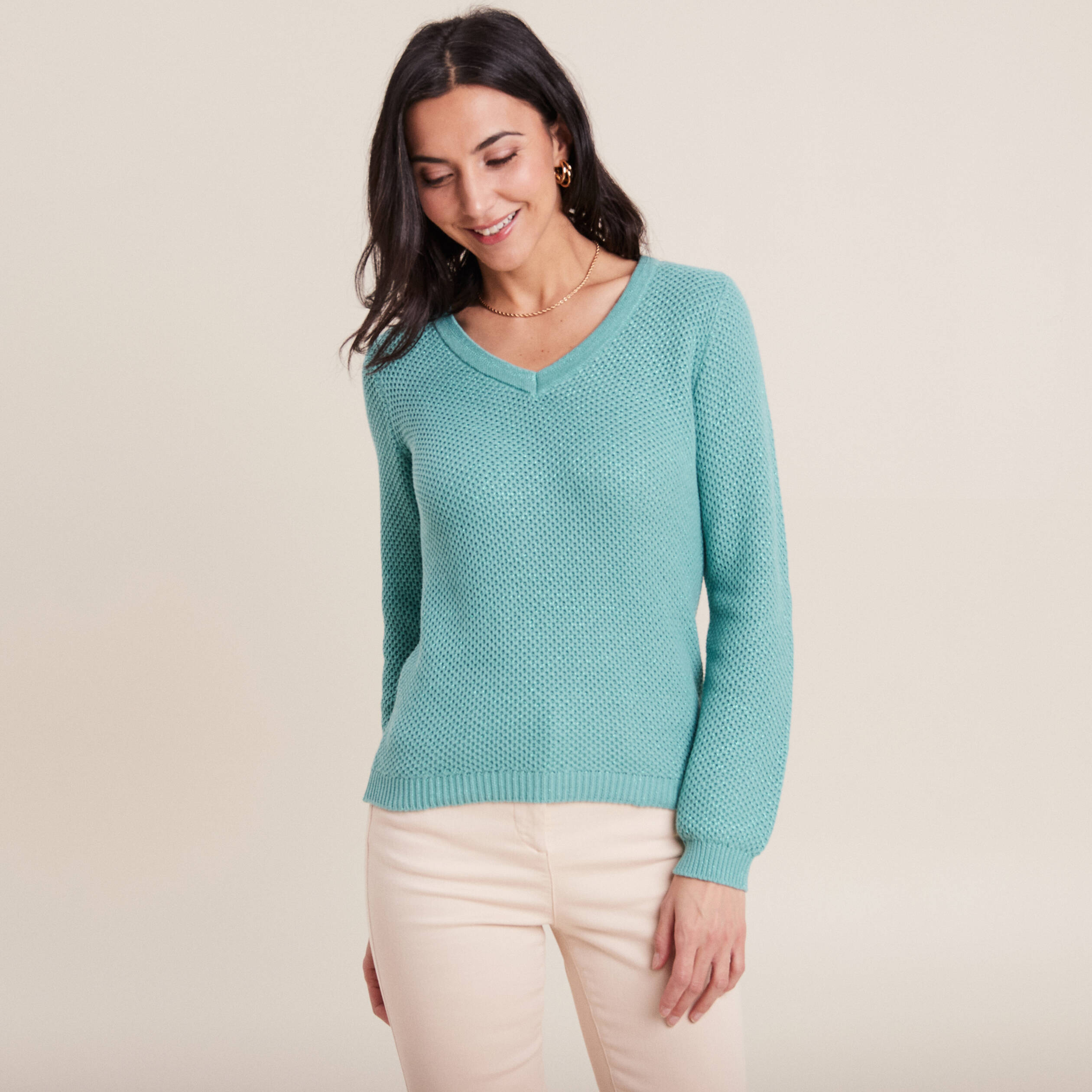 Pull avec col en V bleu canard femme