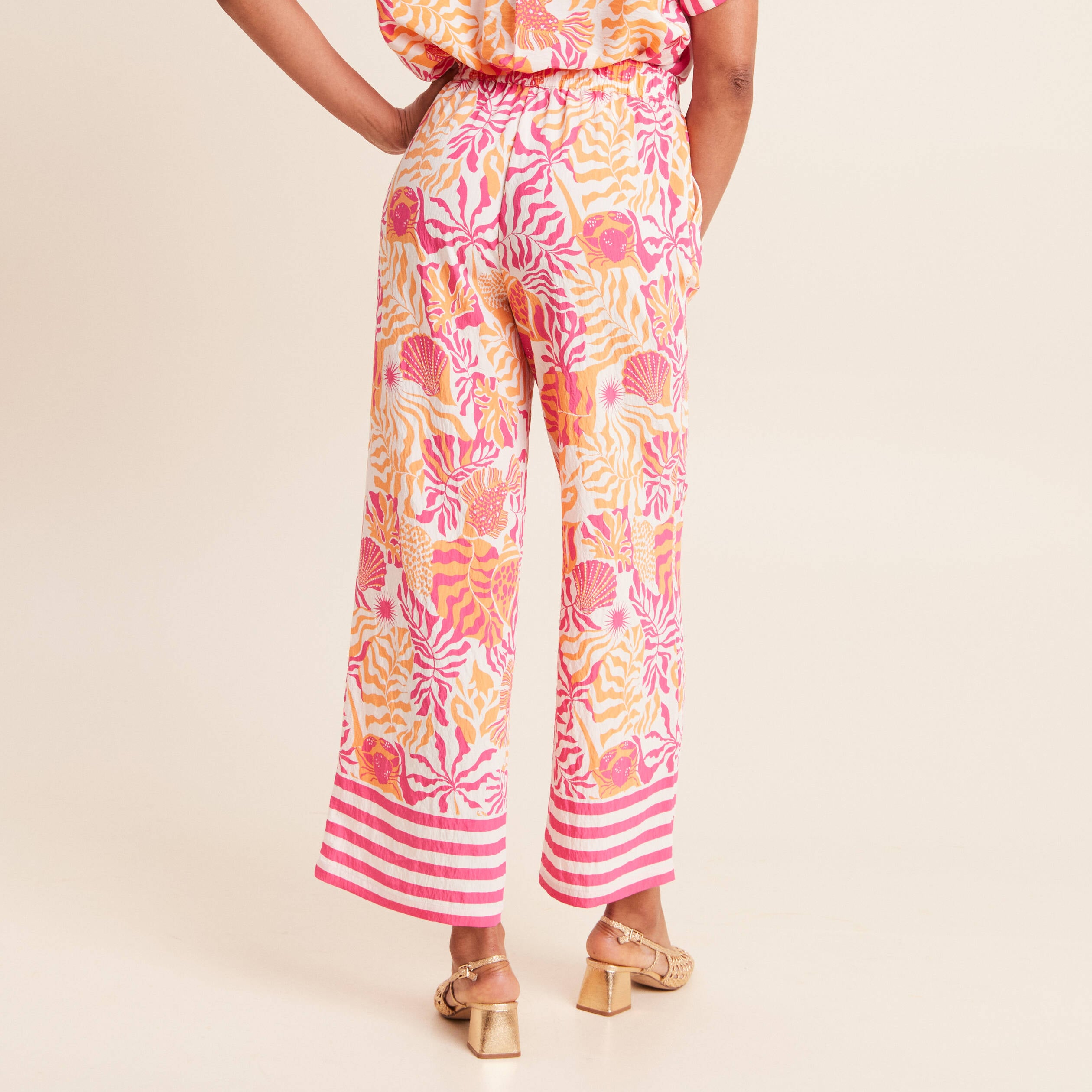 Pantalon fluide et large taille haute rose corail femme