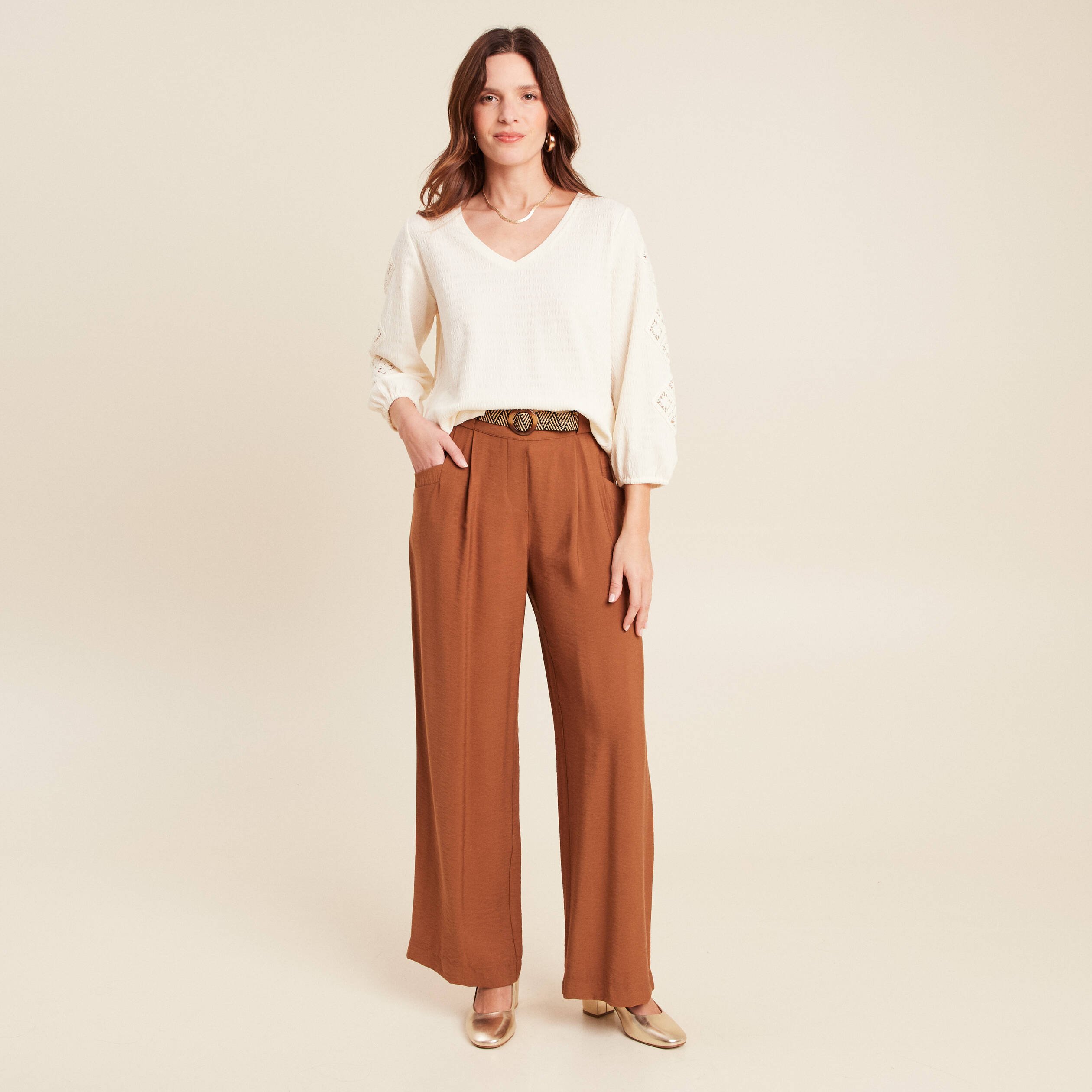 pantalon large avec ceinture amovible marron femme Pantalon large avec ceinture amovible marron femme