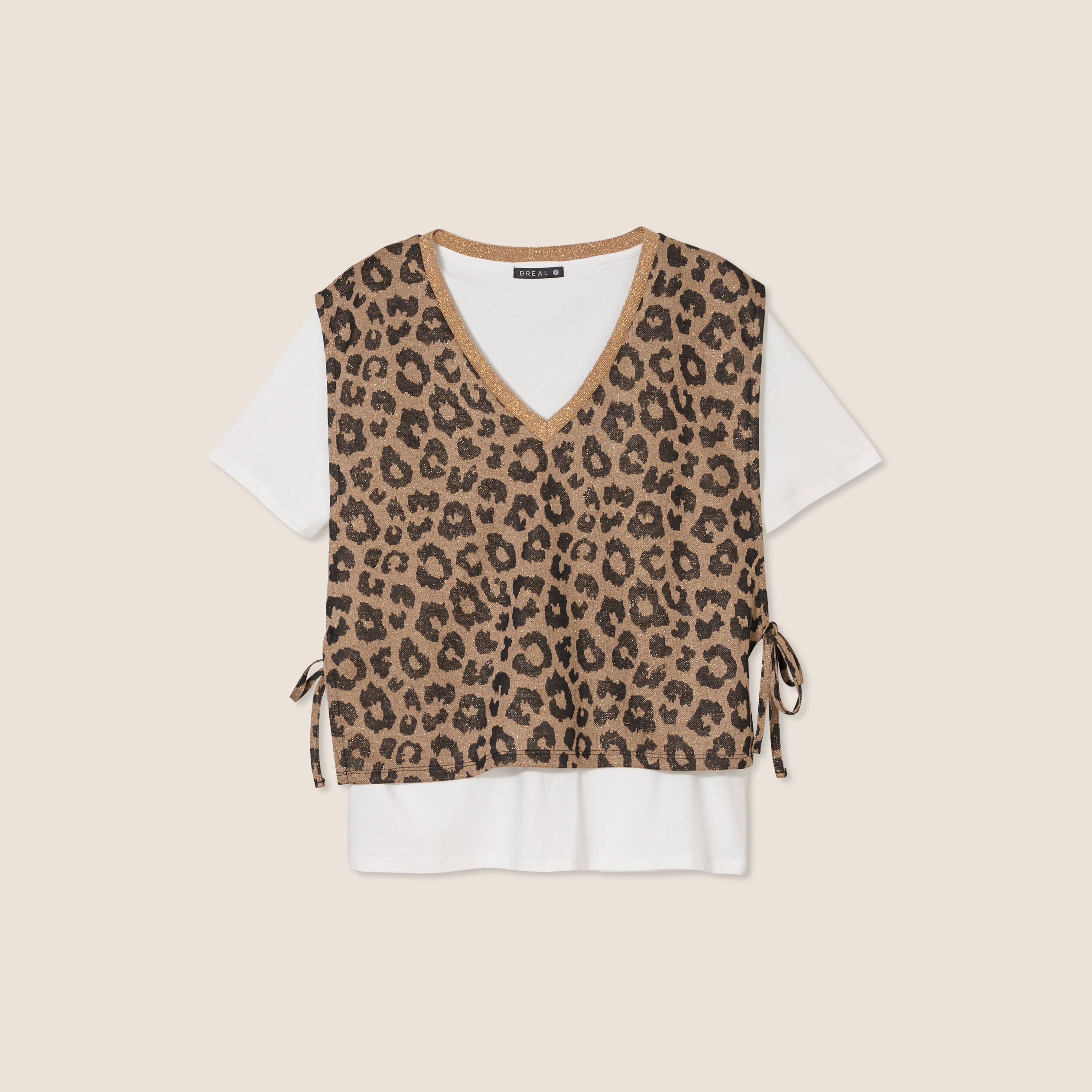 Pull 2 en 1 manches courtes marron femme