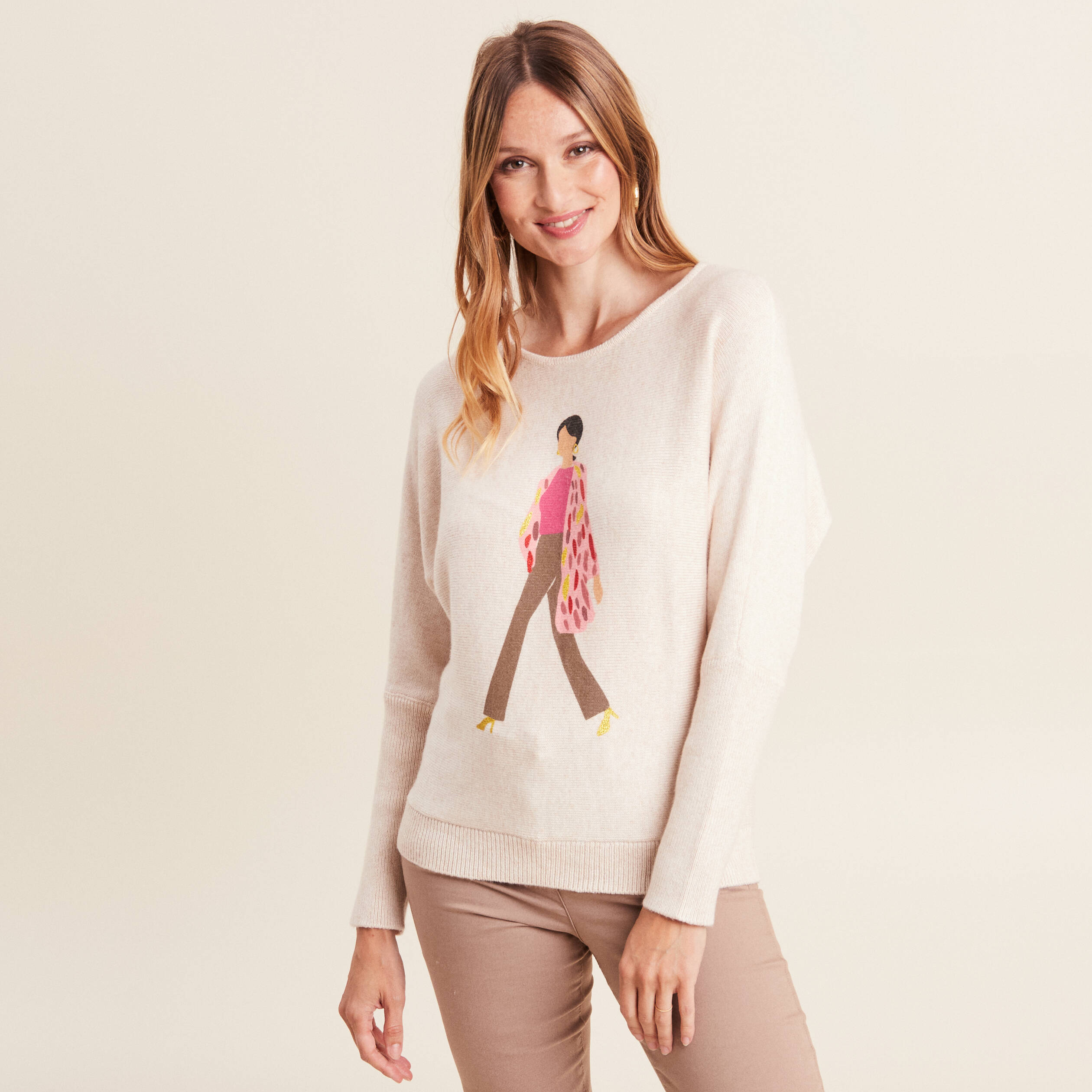 Pull manches longues creme femme