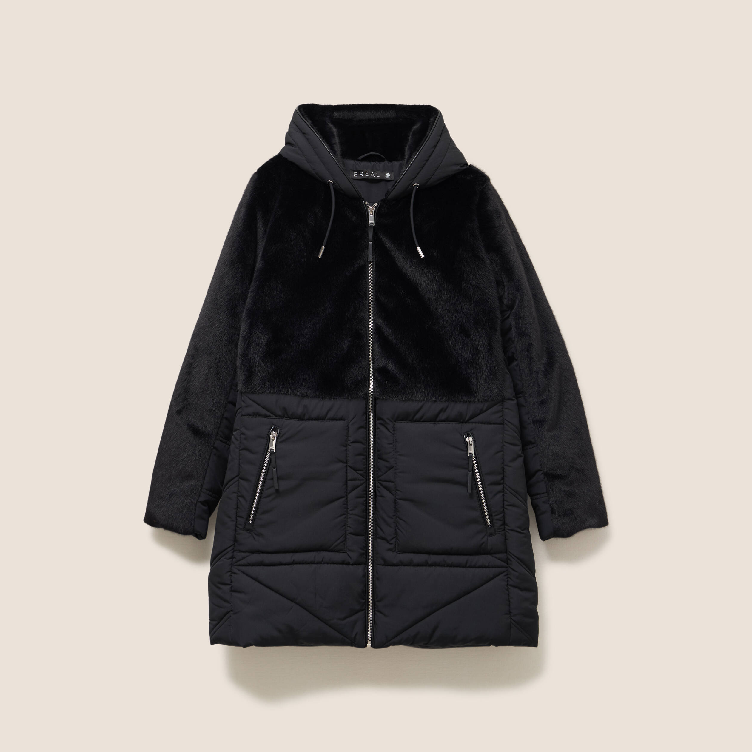 Manteau bi-mati&egrave;re cintr&eacute; mi-long noir femme