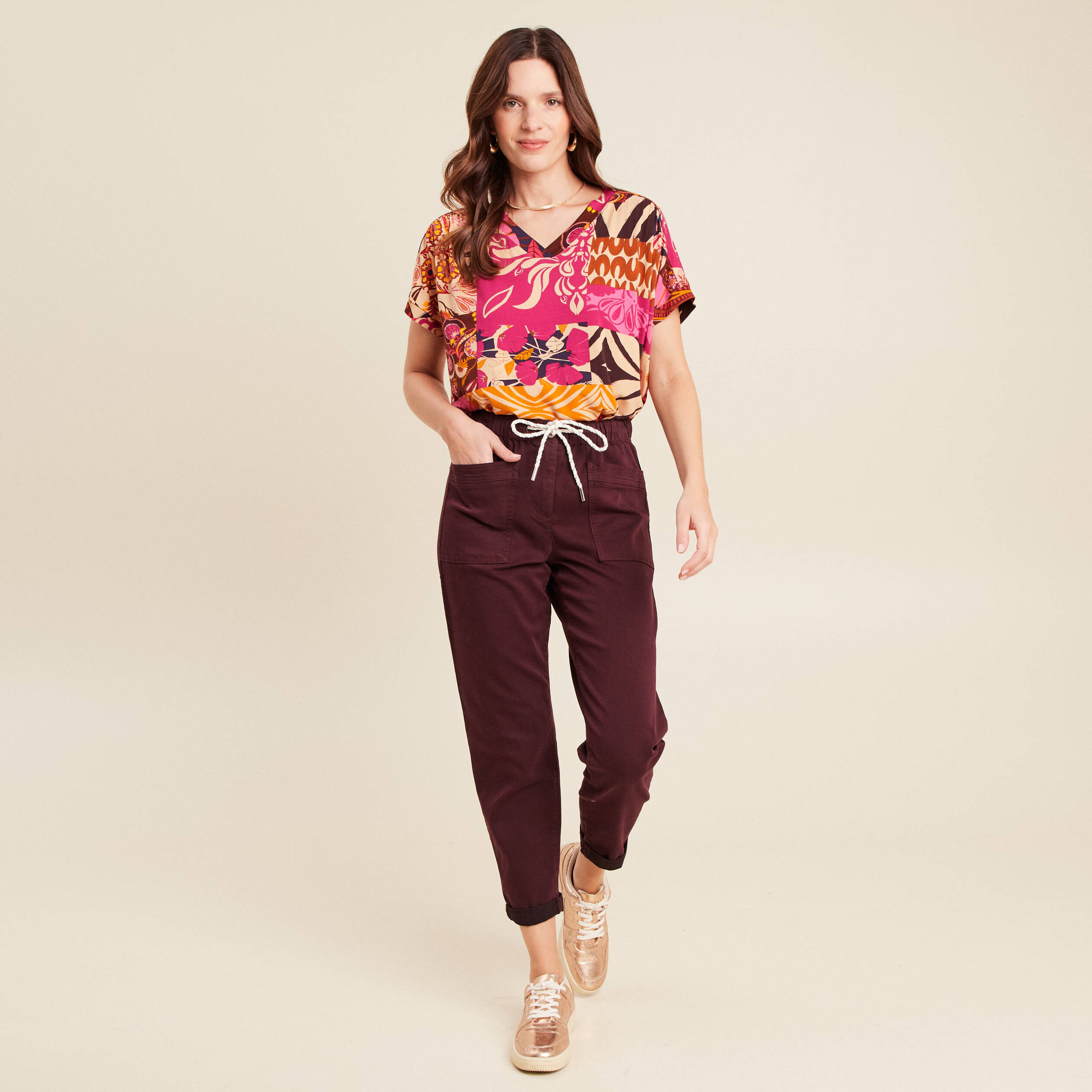 Pantalon coupe droite à coulisse bordeaux femme