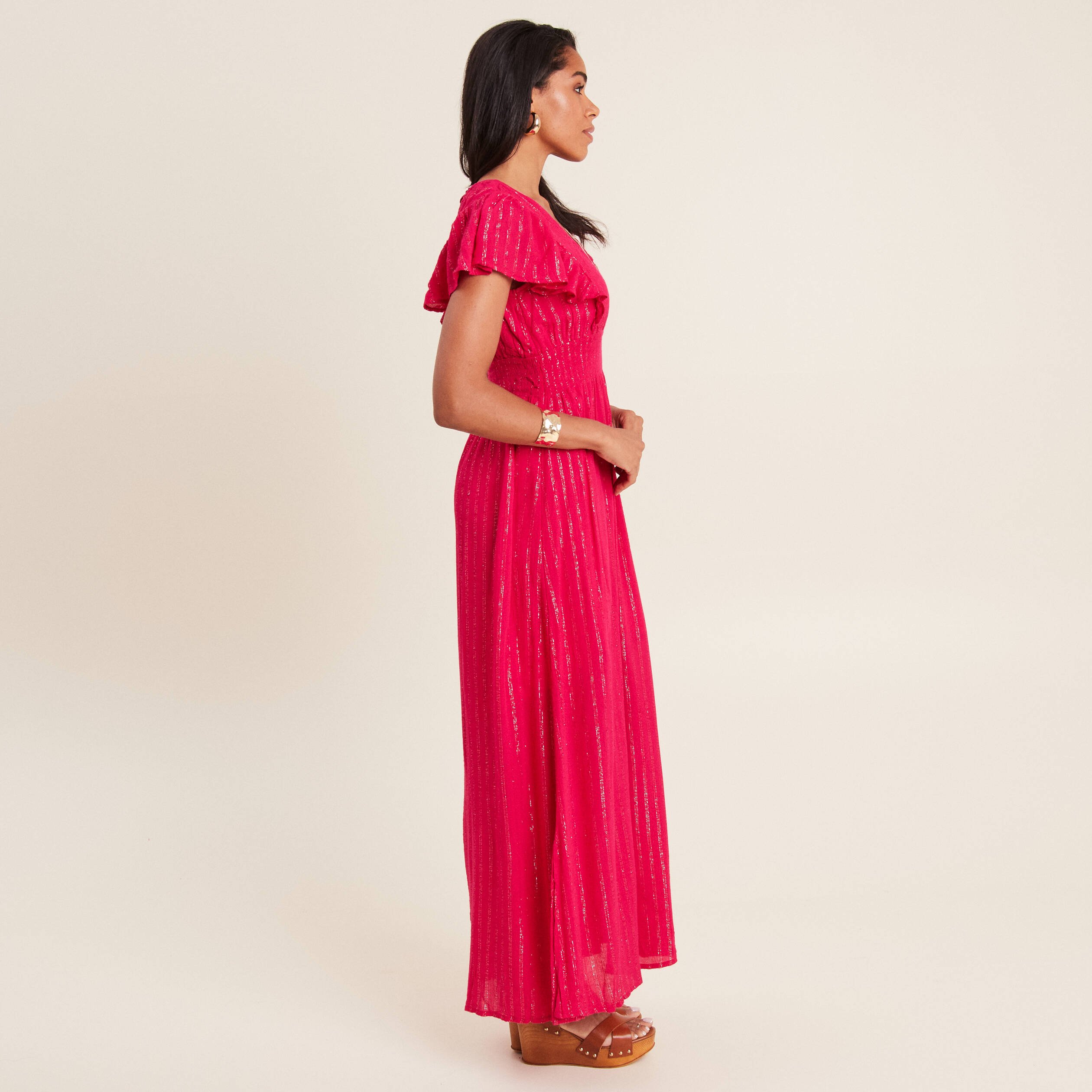 Robe longue droite fluide rose fushia femme