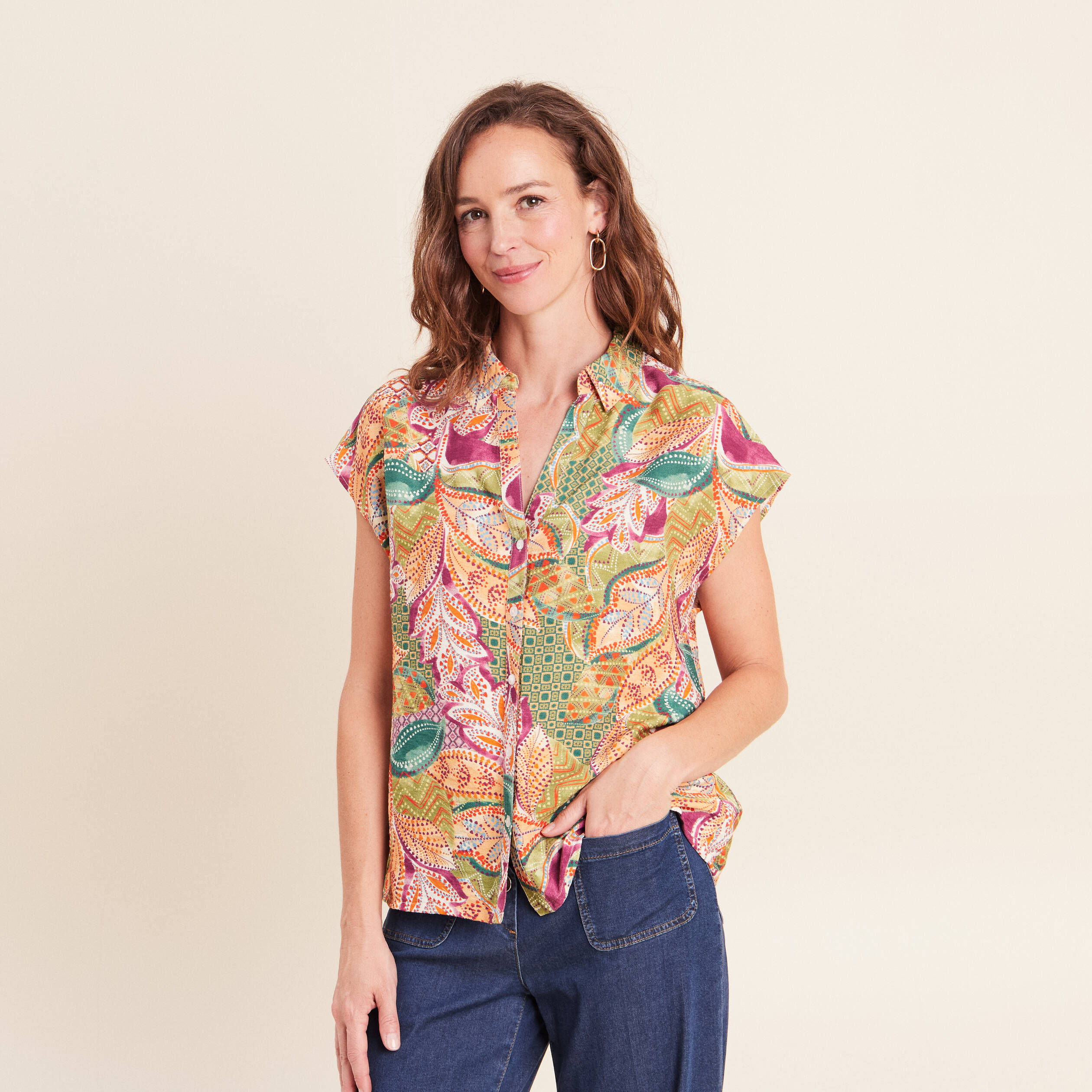 Chemise droite manches courtes orange femme