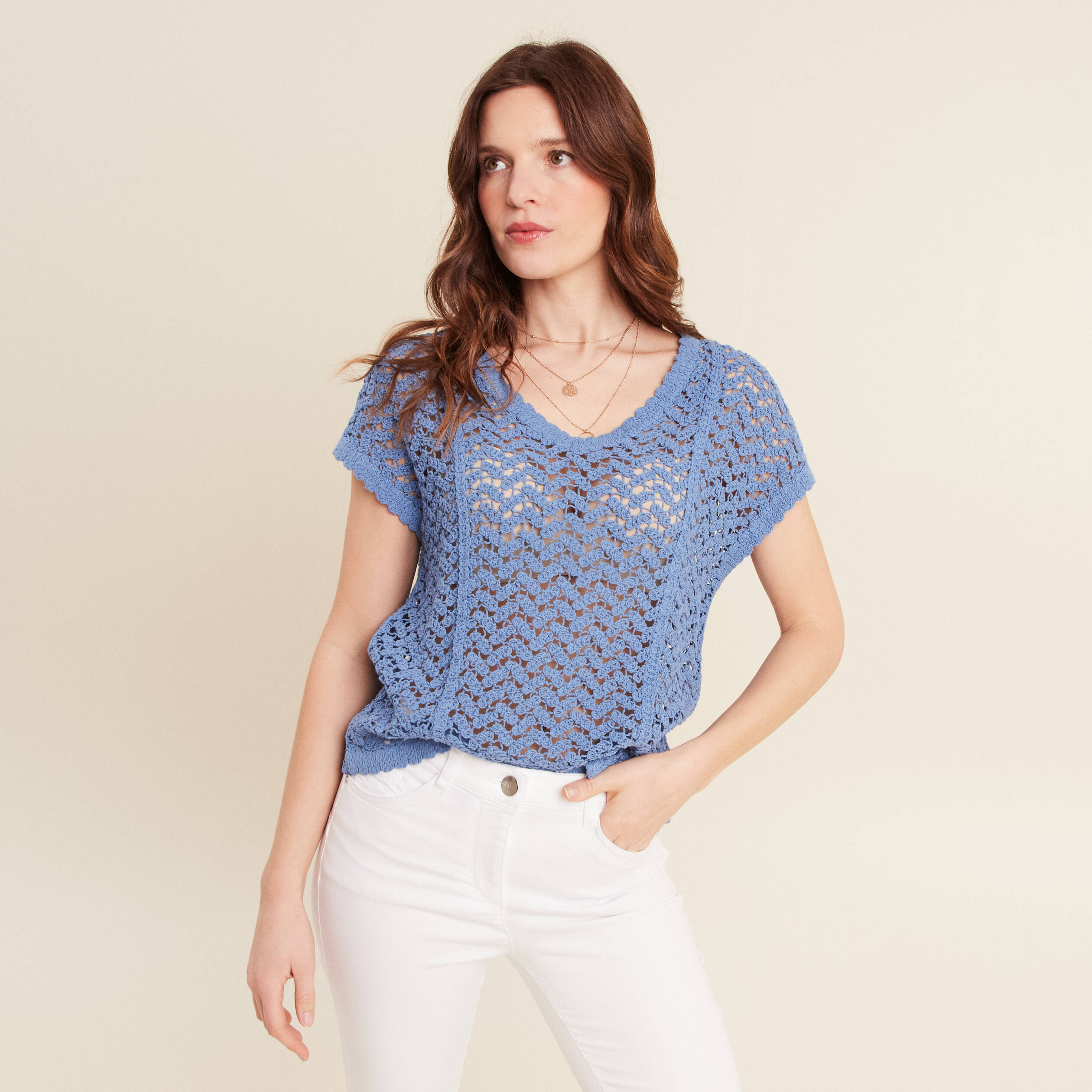 Pull manches courtes ajouré bleu ciel femme