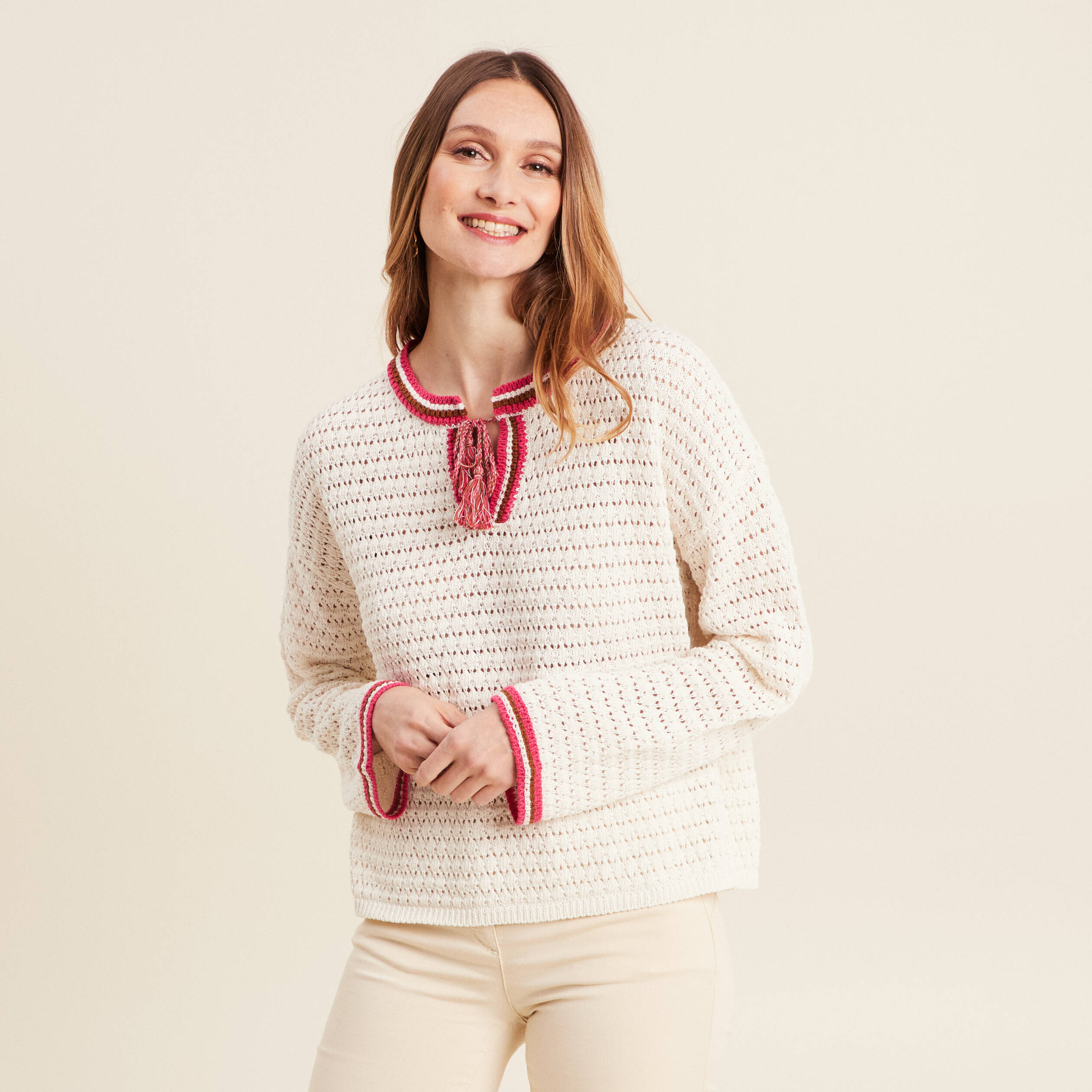 Pull manches longues ajouré ecru femme