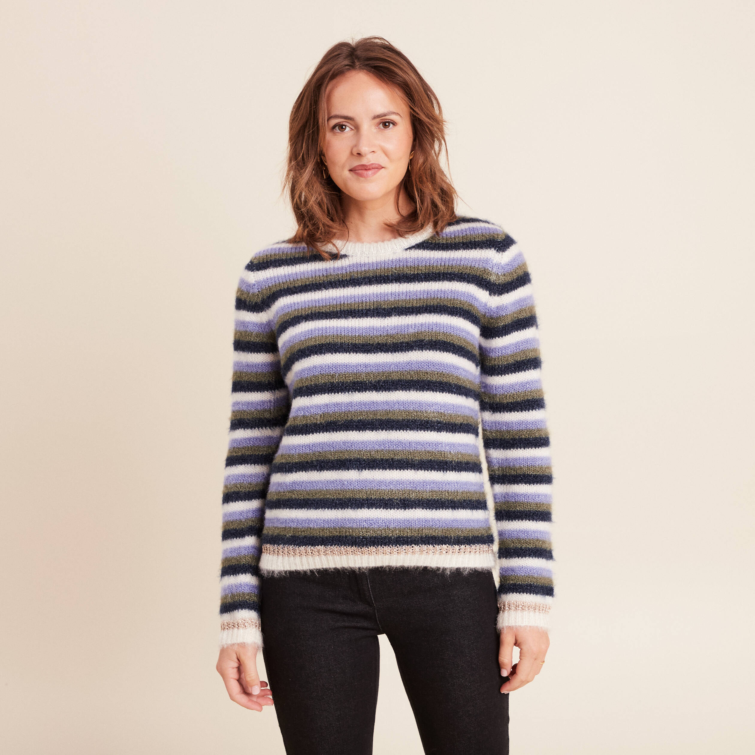 Pull manches longues col rond bleu femme