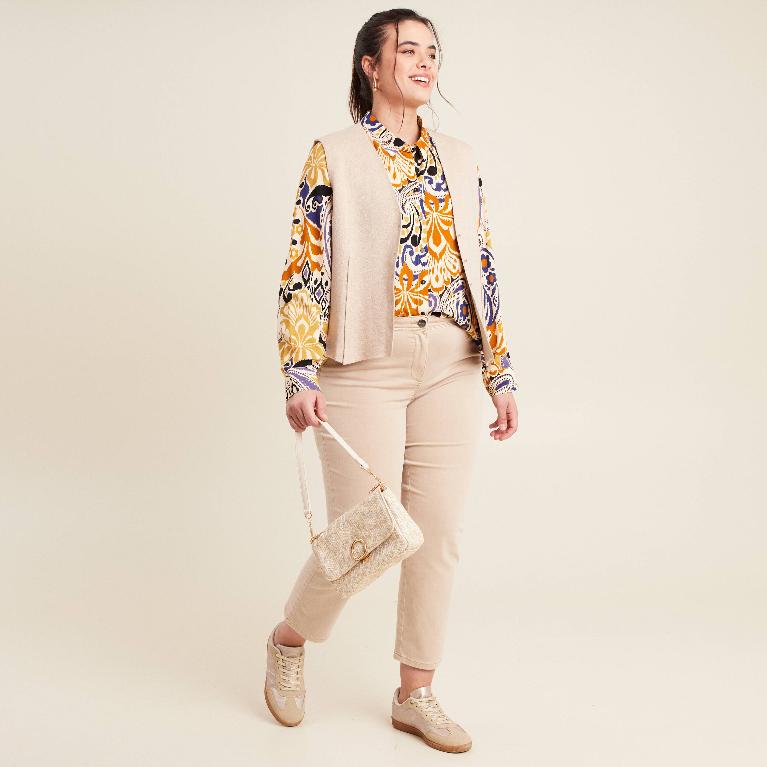 Jean coupe droite 7/8&egrave;me denim beige femme
