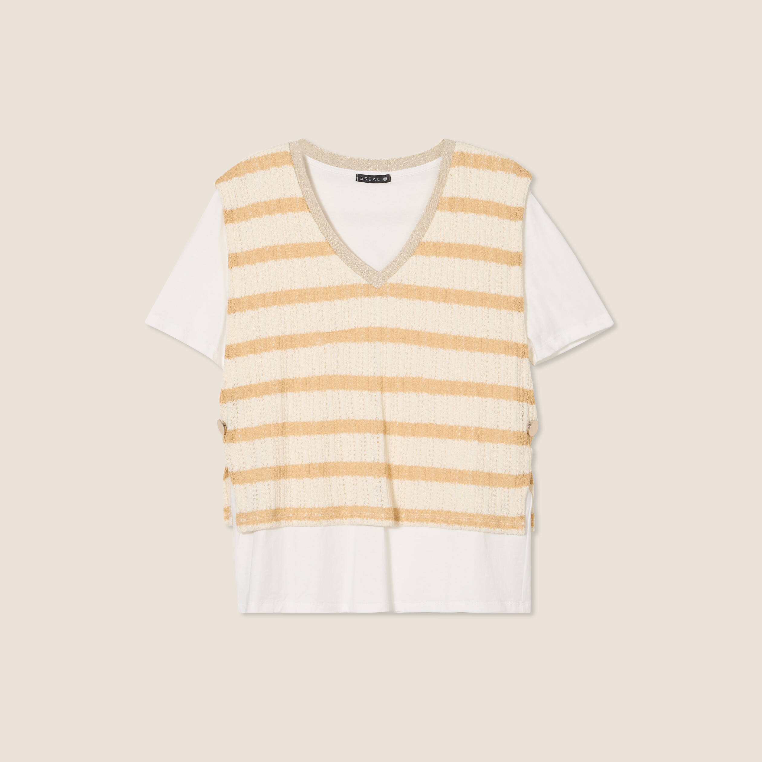 T-shirt effet 2 en 1 manches courtes beige femme
