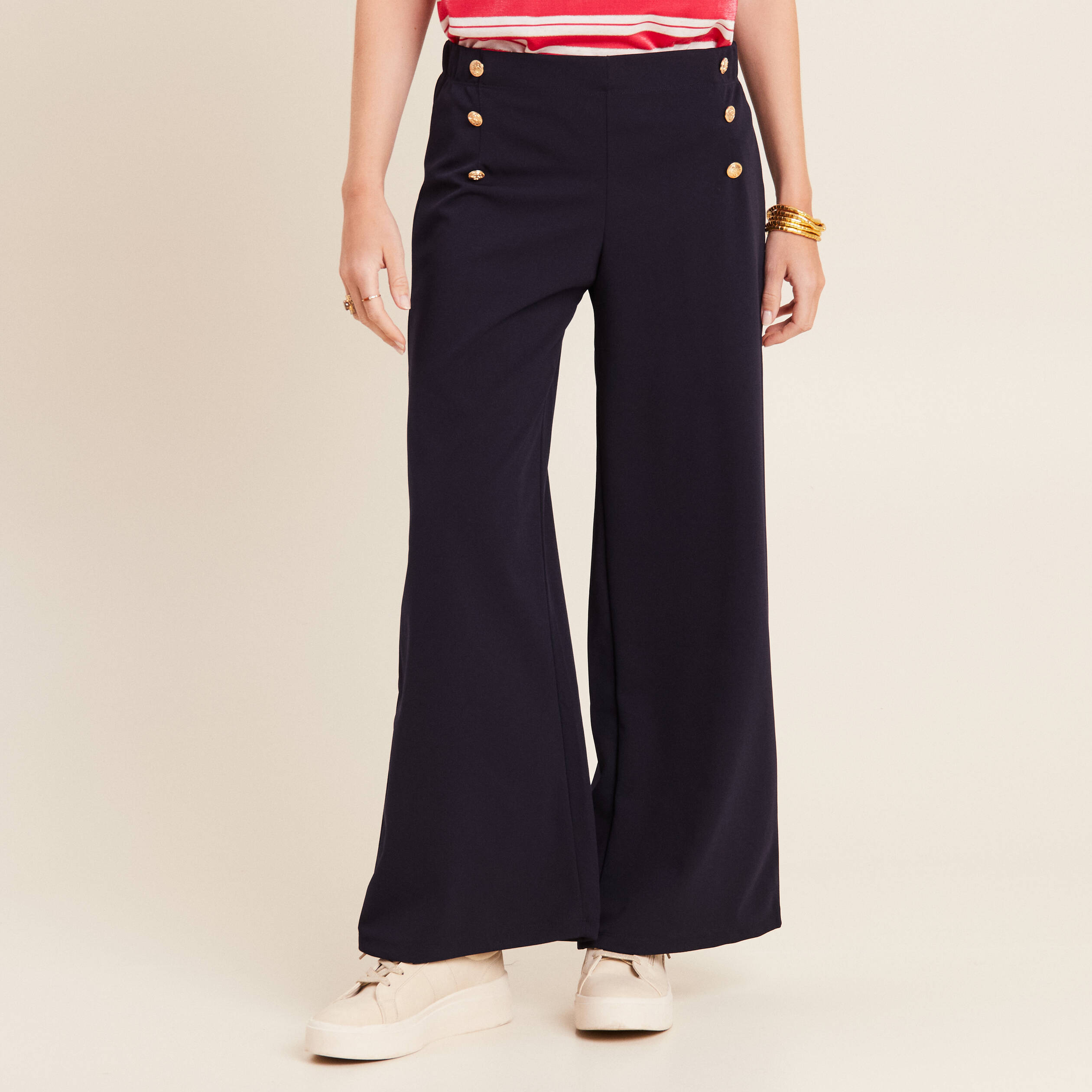 Pantalon large à pont bleu foncé femme