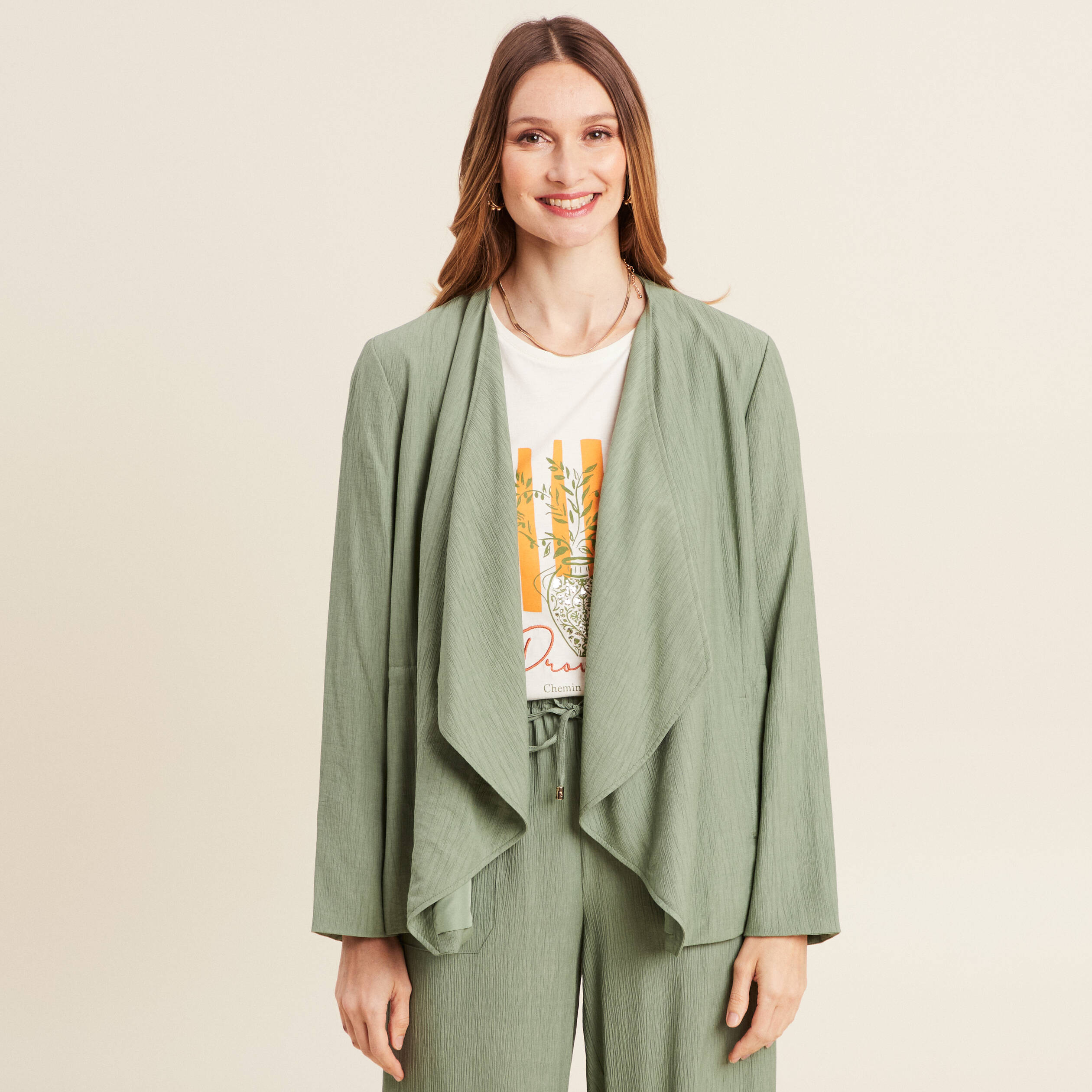 Veste fluide col cascade vert kaki femme