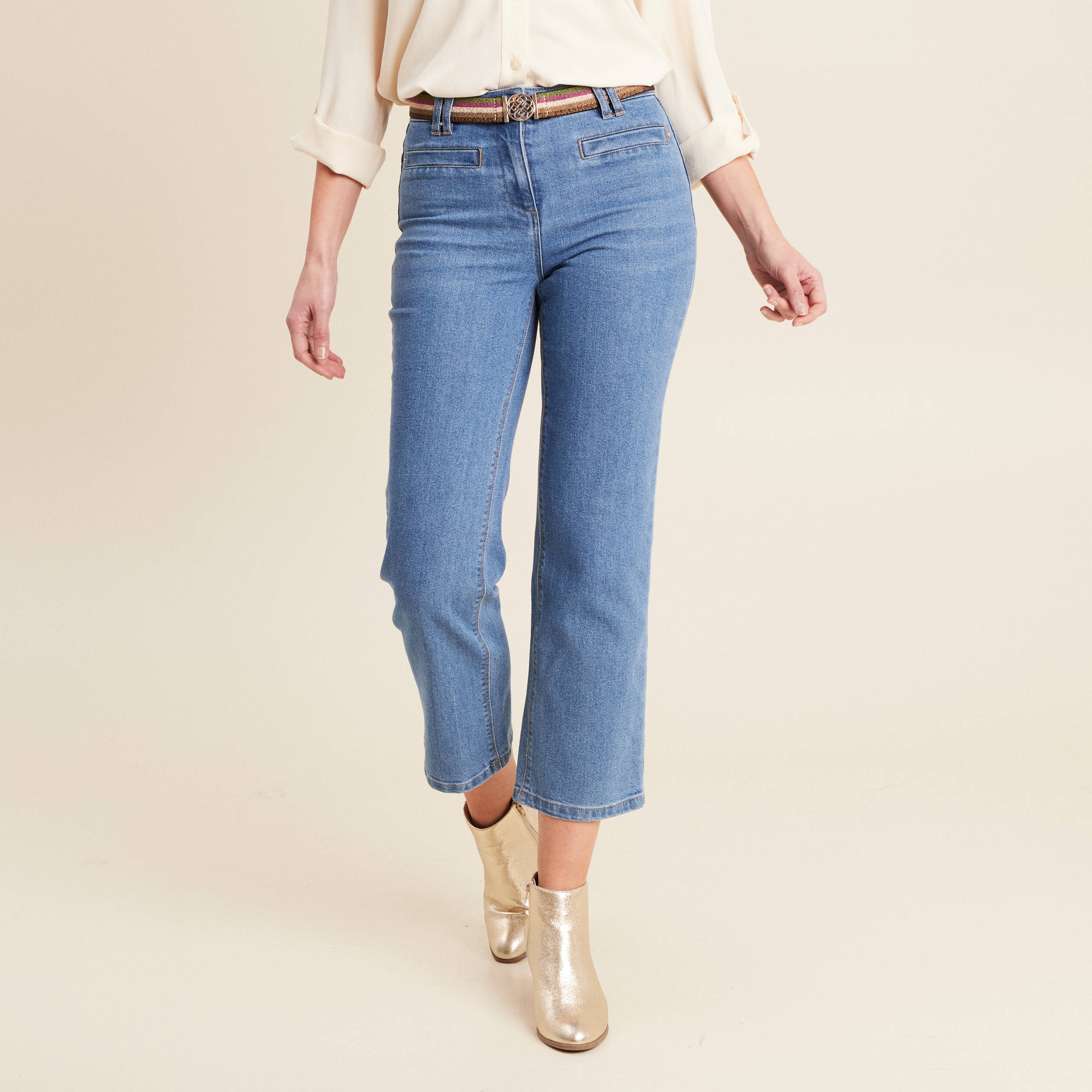 Jean large ceinturé denim double stone femme