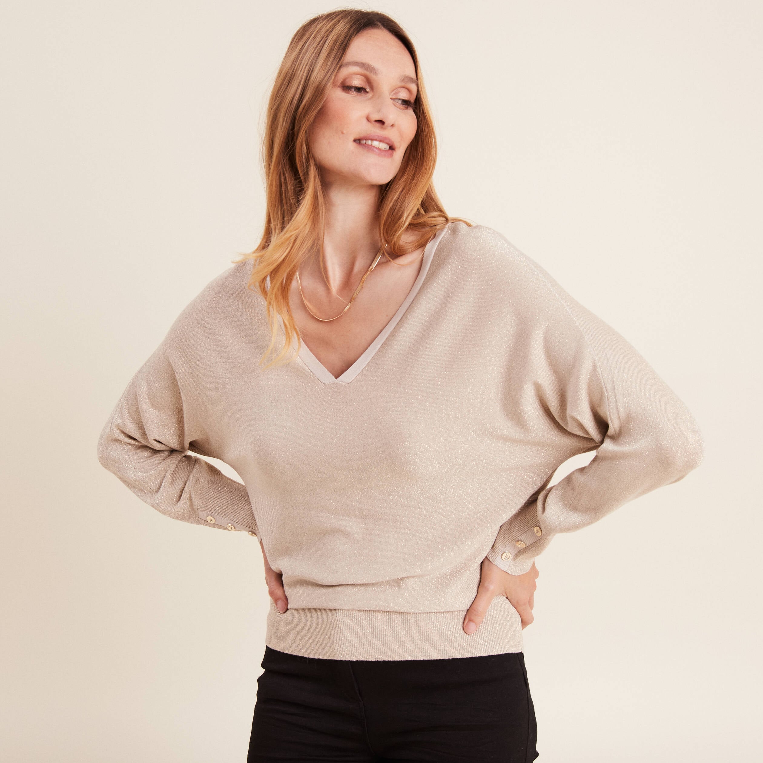 Pull manches longues à sequins ecru femme | Bréal Pull manches longues à sequins ecru femme | Bréal