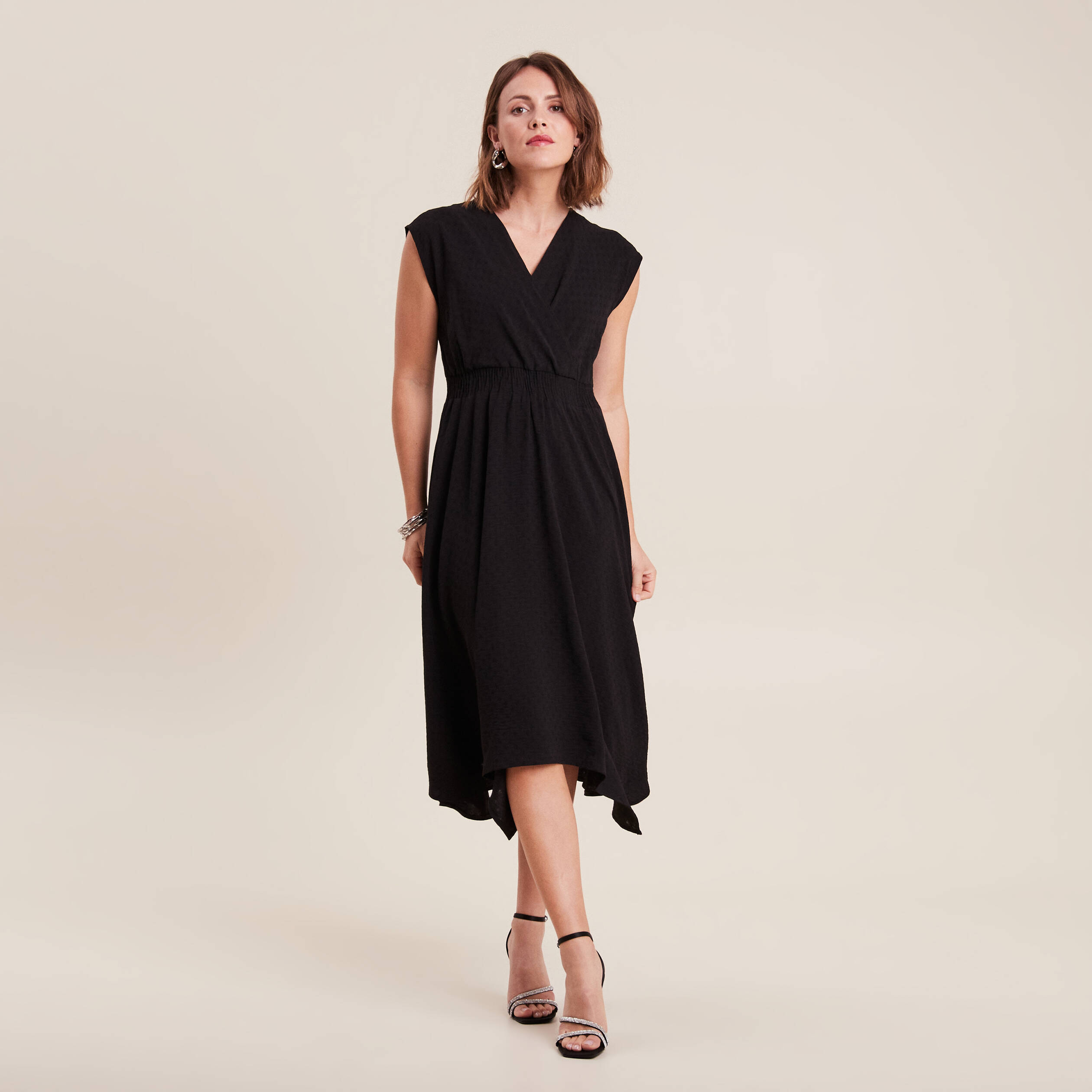 Robe évasée taille smockée noir femme