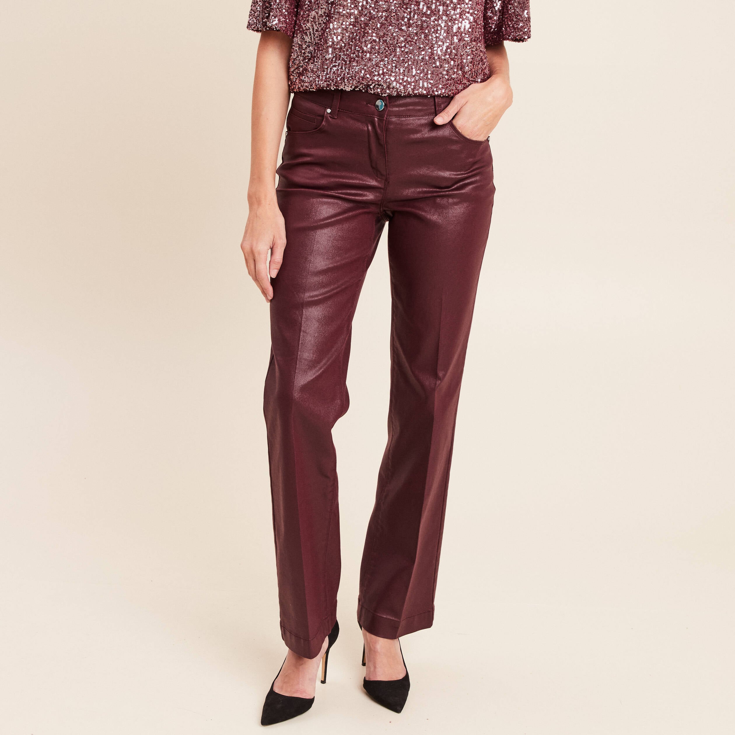 Pantalon enduit coupe large bordeaux femme