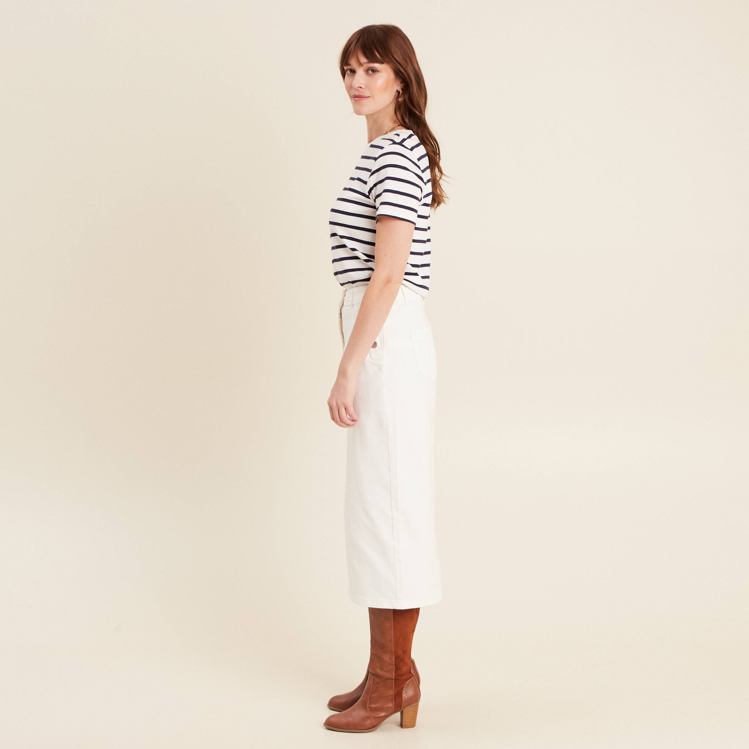 Jupe longue droite en jean blanc femme