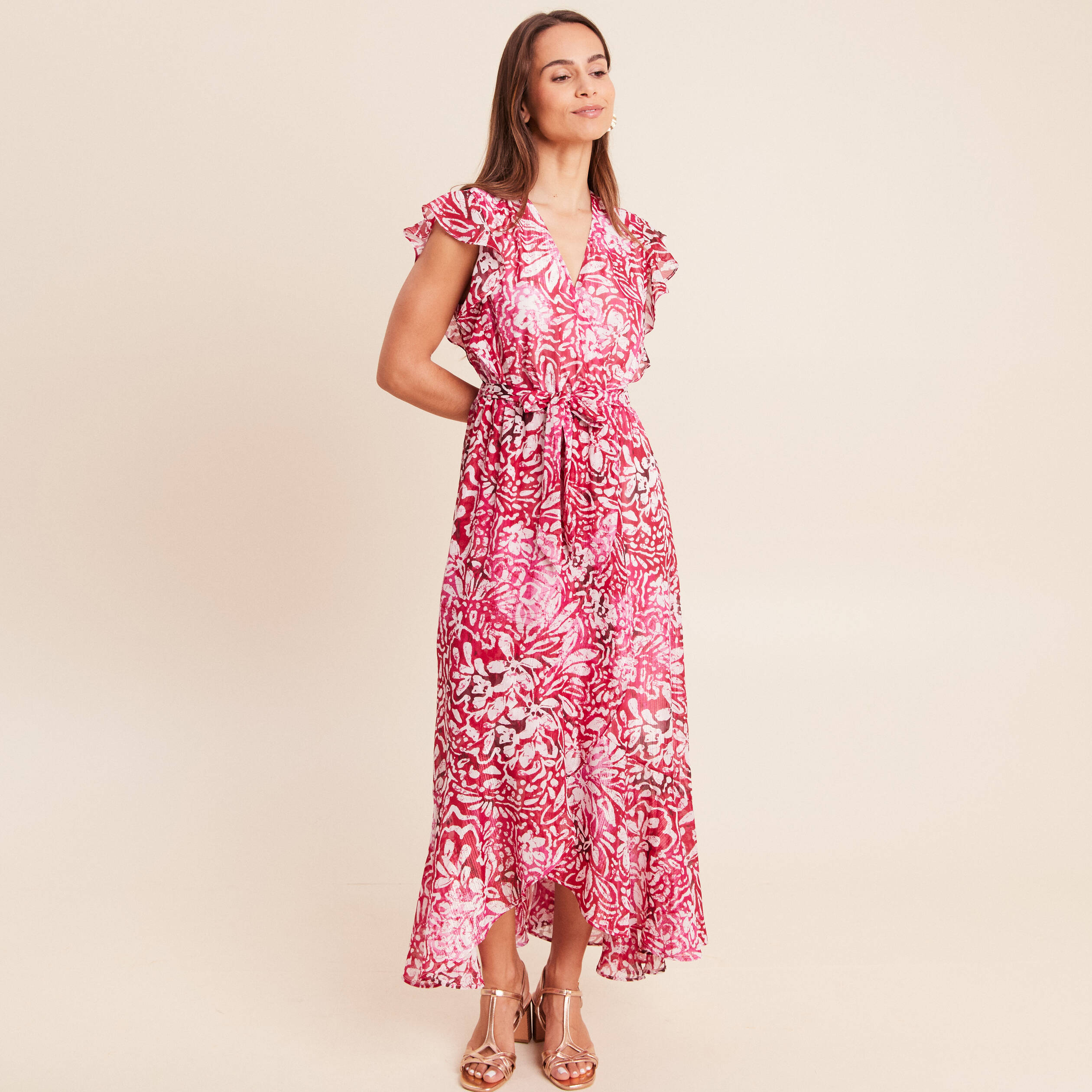 Robe longue portefeuille rose femme