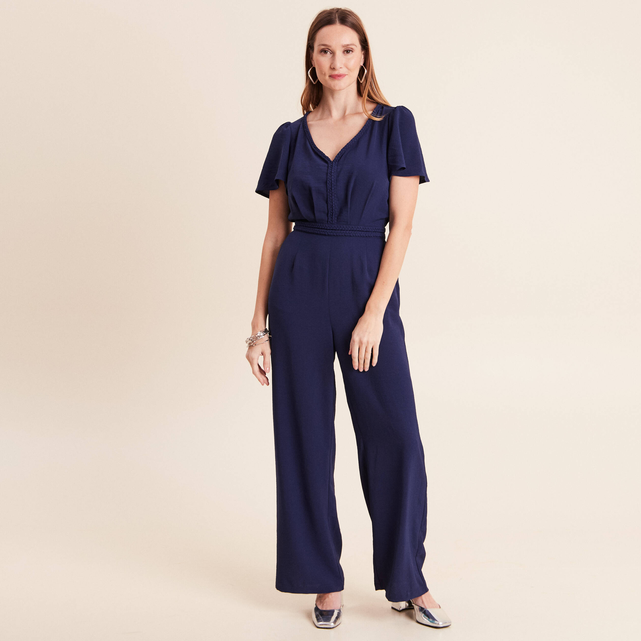 Combinaison large col v manches courtes bleu marine femme