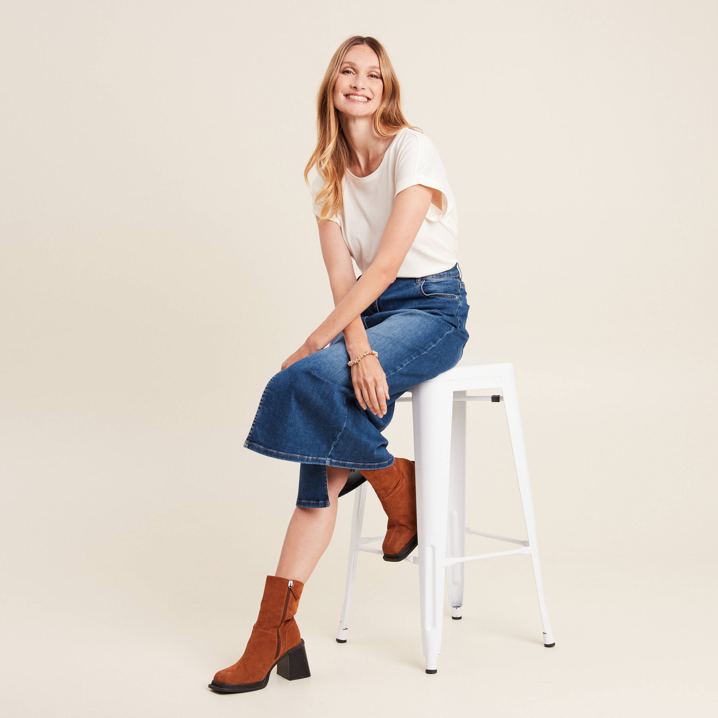 Jupe longue droite en jean denim stone femme