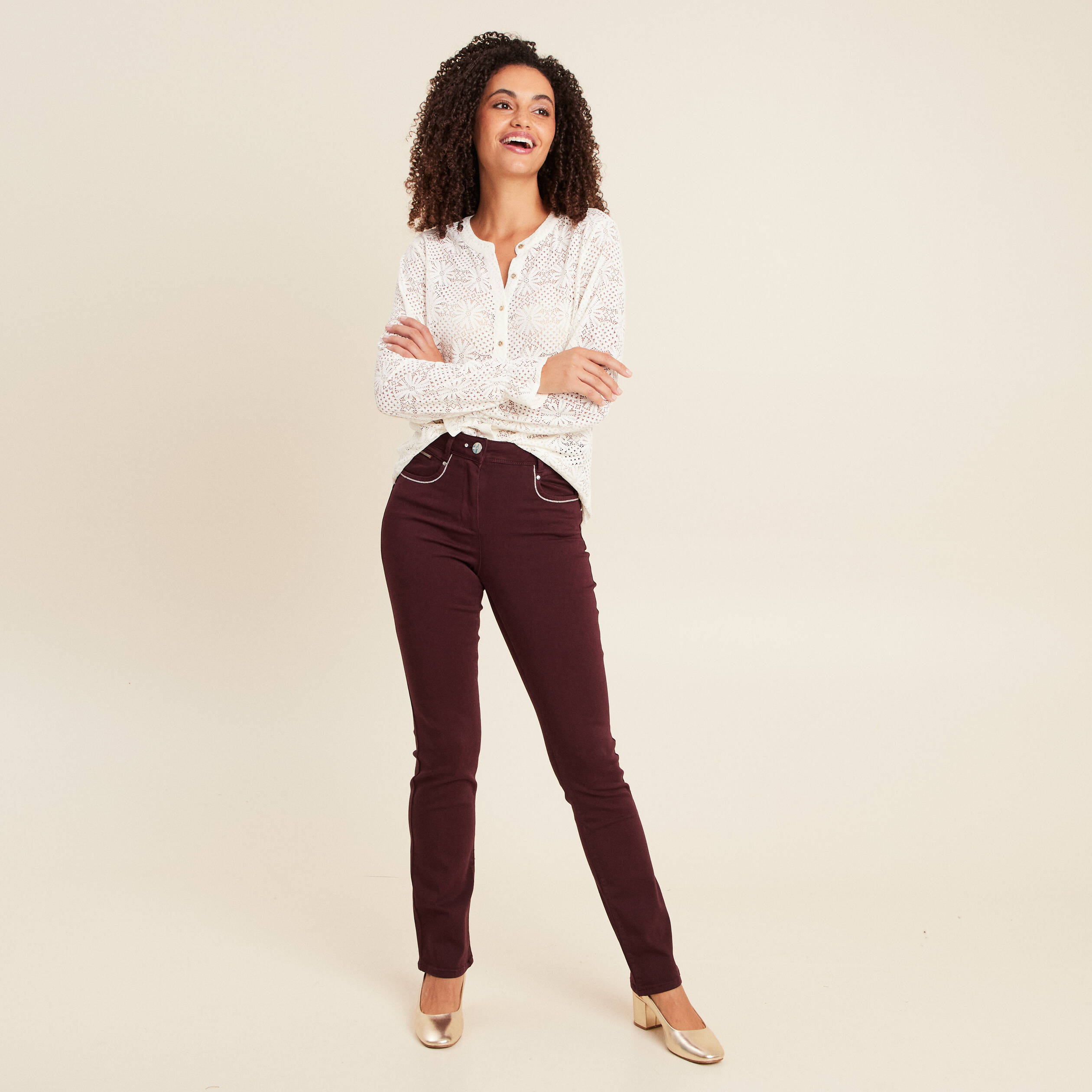 Pantalon droit taille haute bordeaux femme
