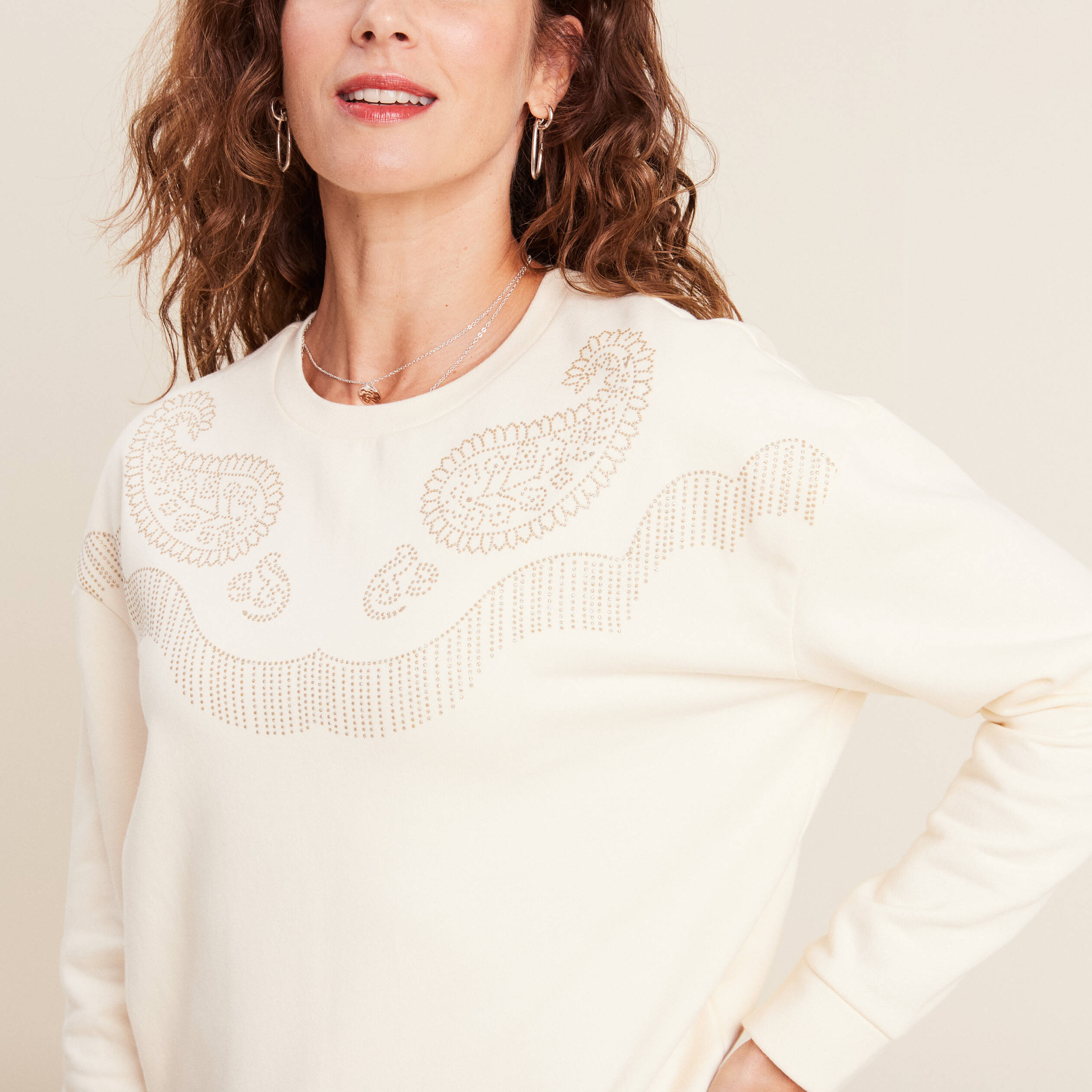 T-shirt manches longues strass ecru femme