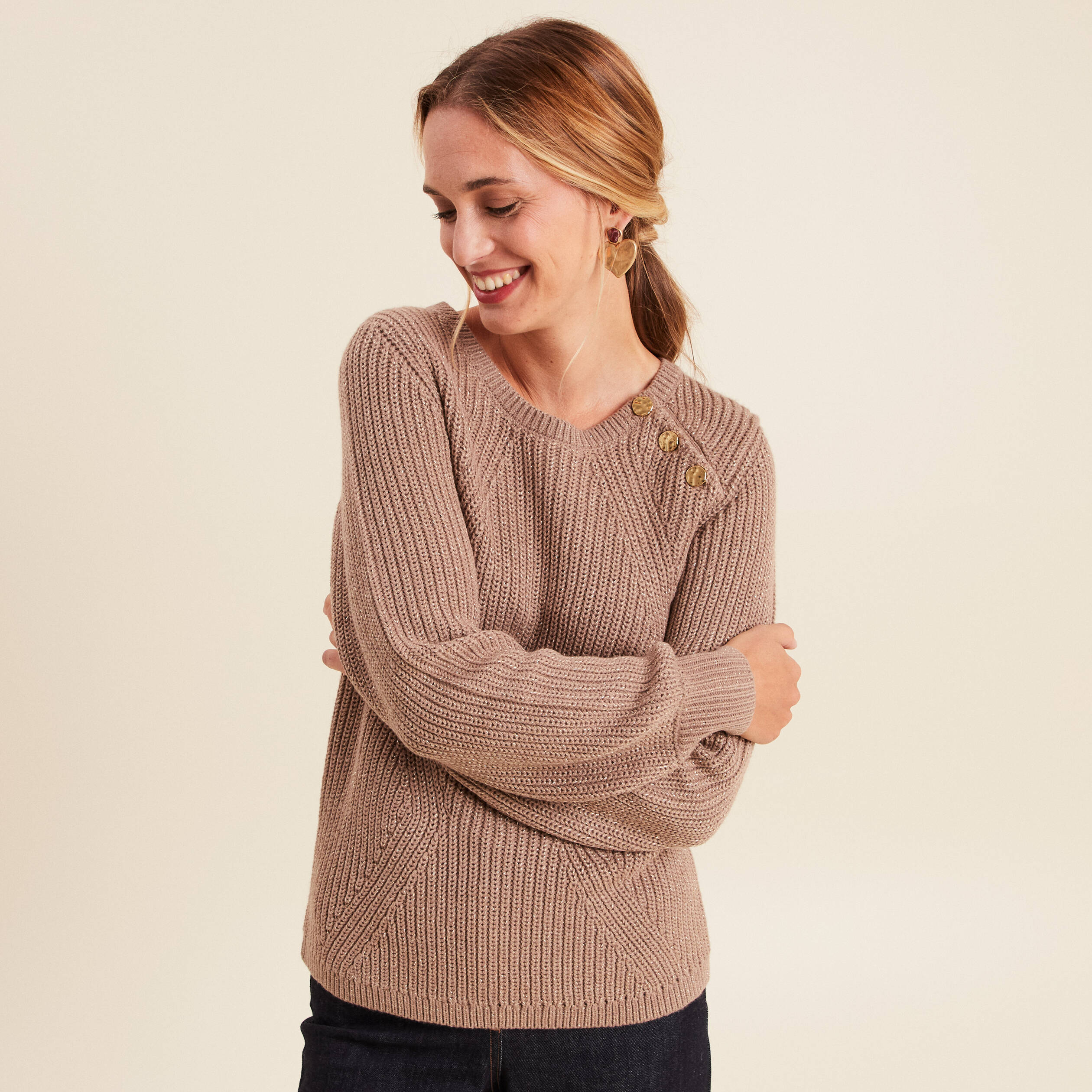 Pull col rond manches longues taupe femme Bréal