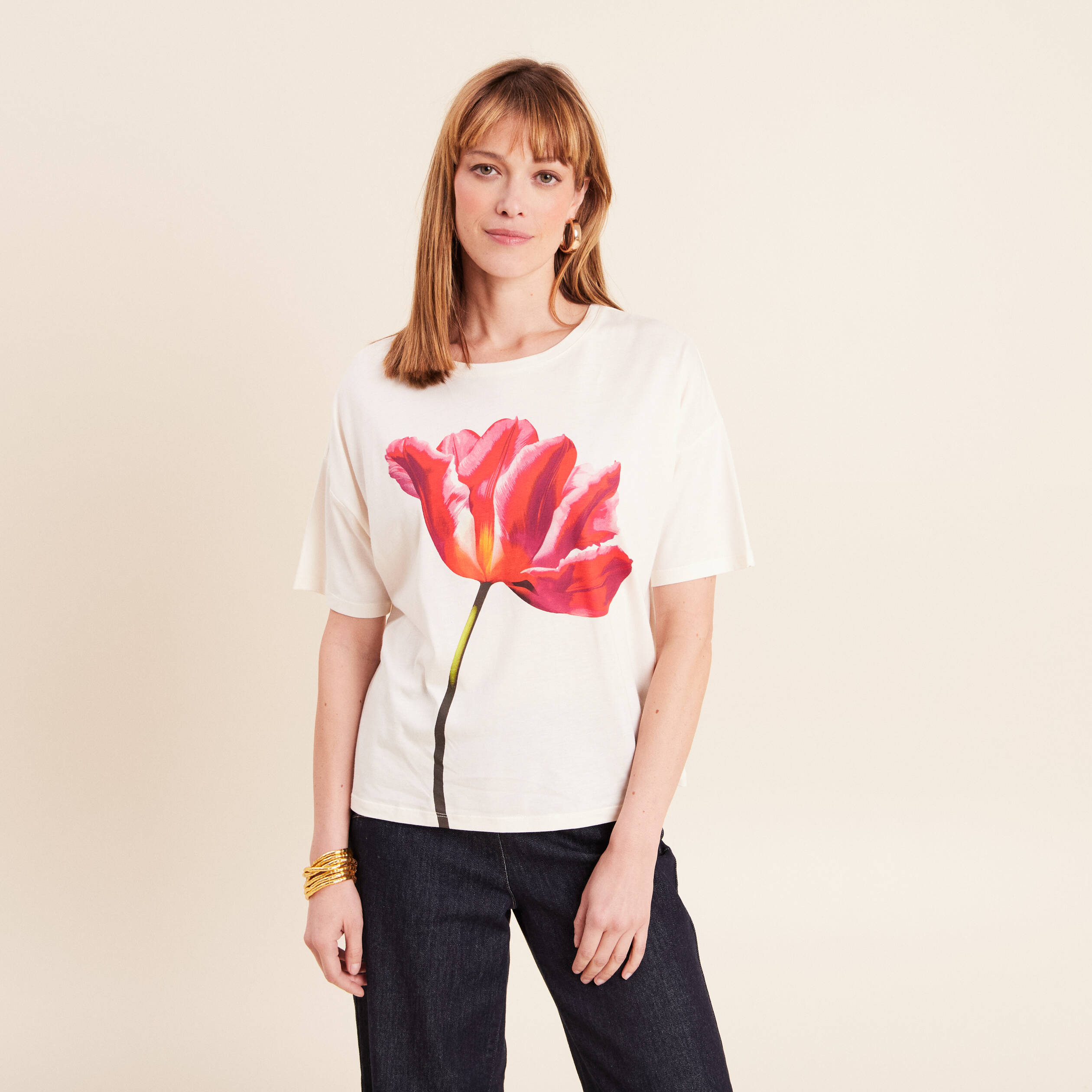 T-shirt col rond manches courtes ecru femme