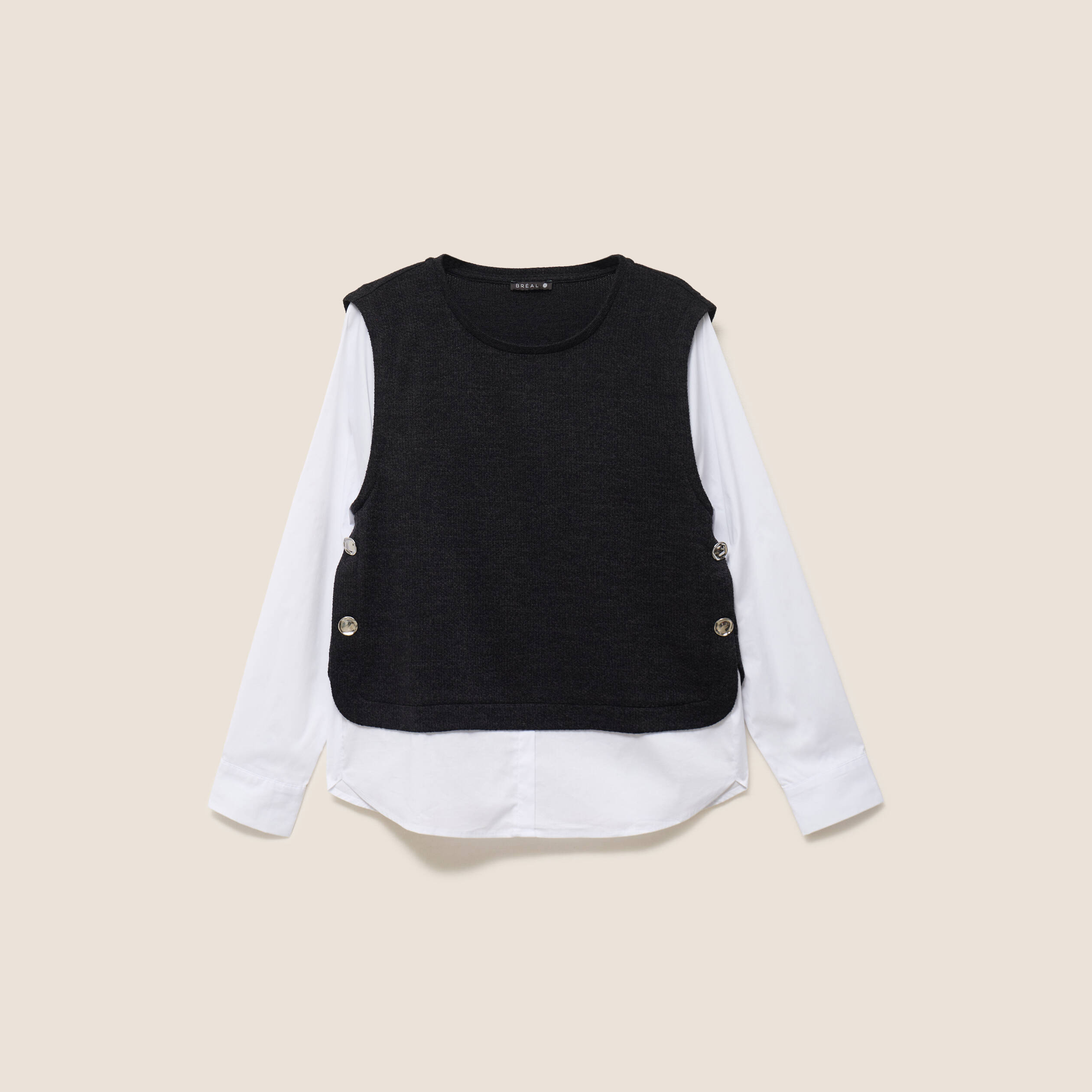 T-shirt 2 en 1 col rond manches longues noir femme
