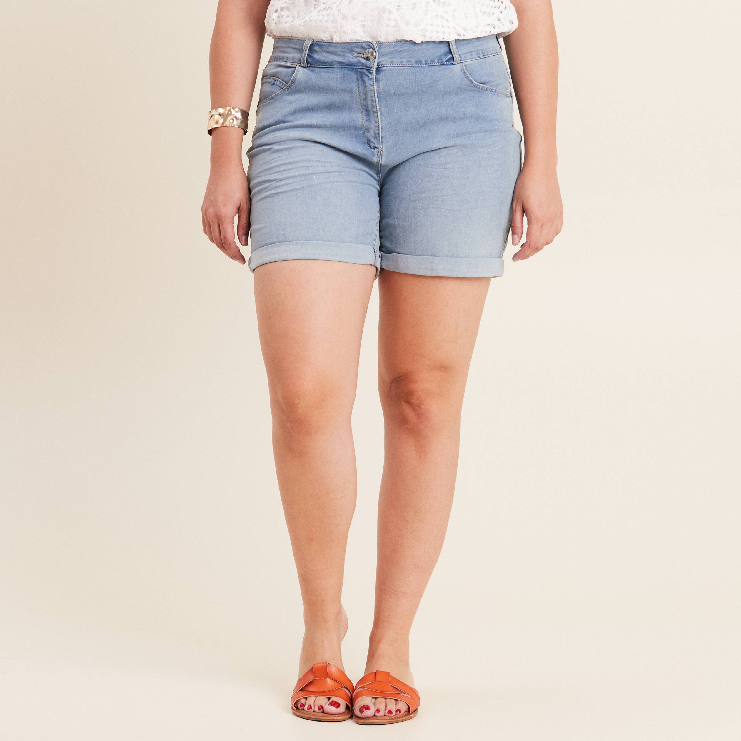 Short droit taille standard denim baby bleu femme