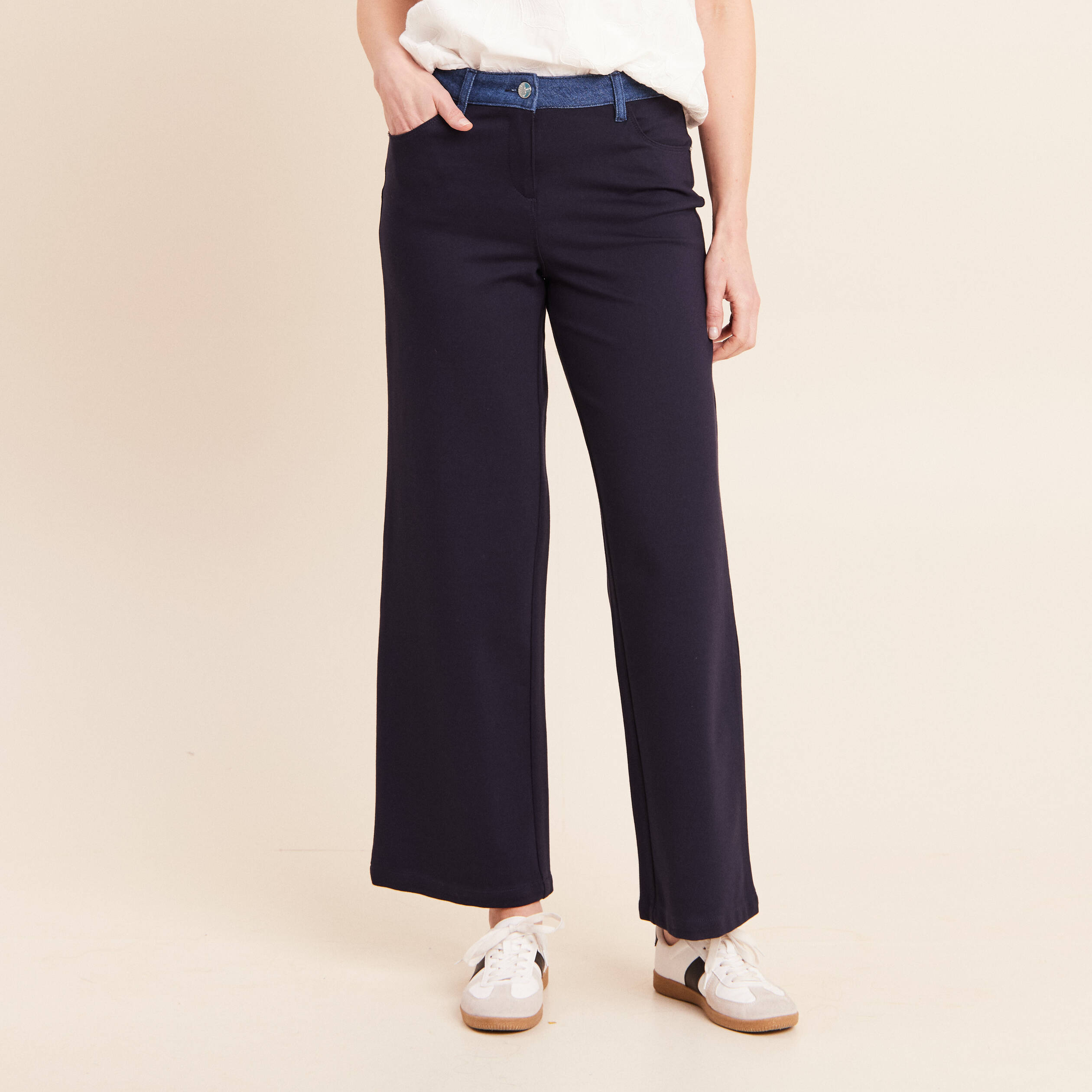 Pantalon large bi-mati&egrave;re bleu fonc&eacute; femme