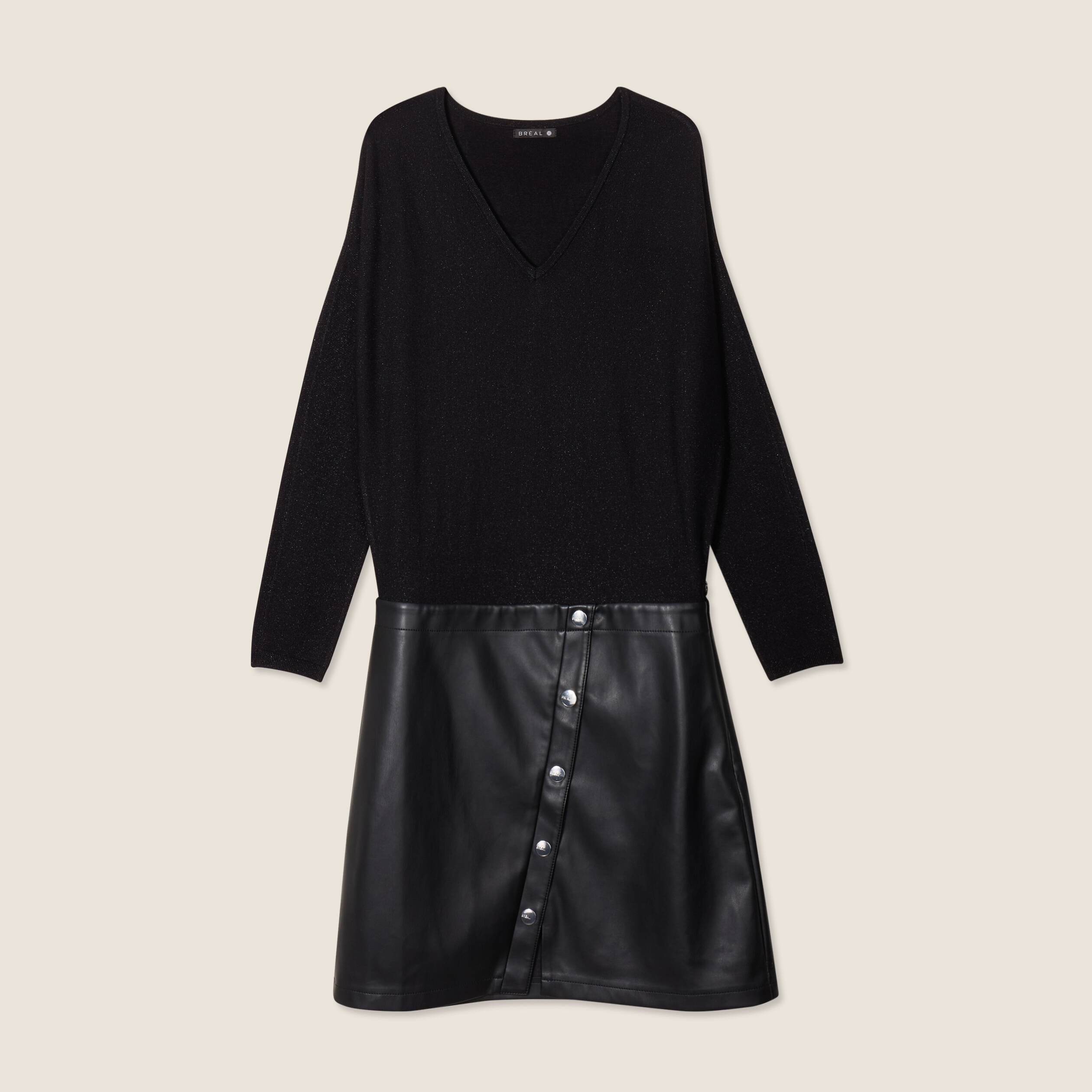 Robe tricot bas simili cuir noir femme