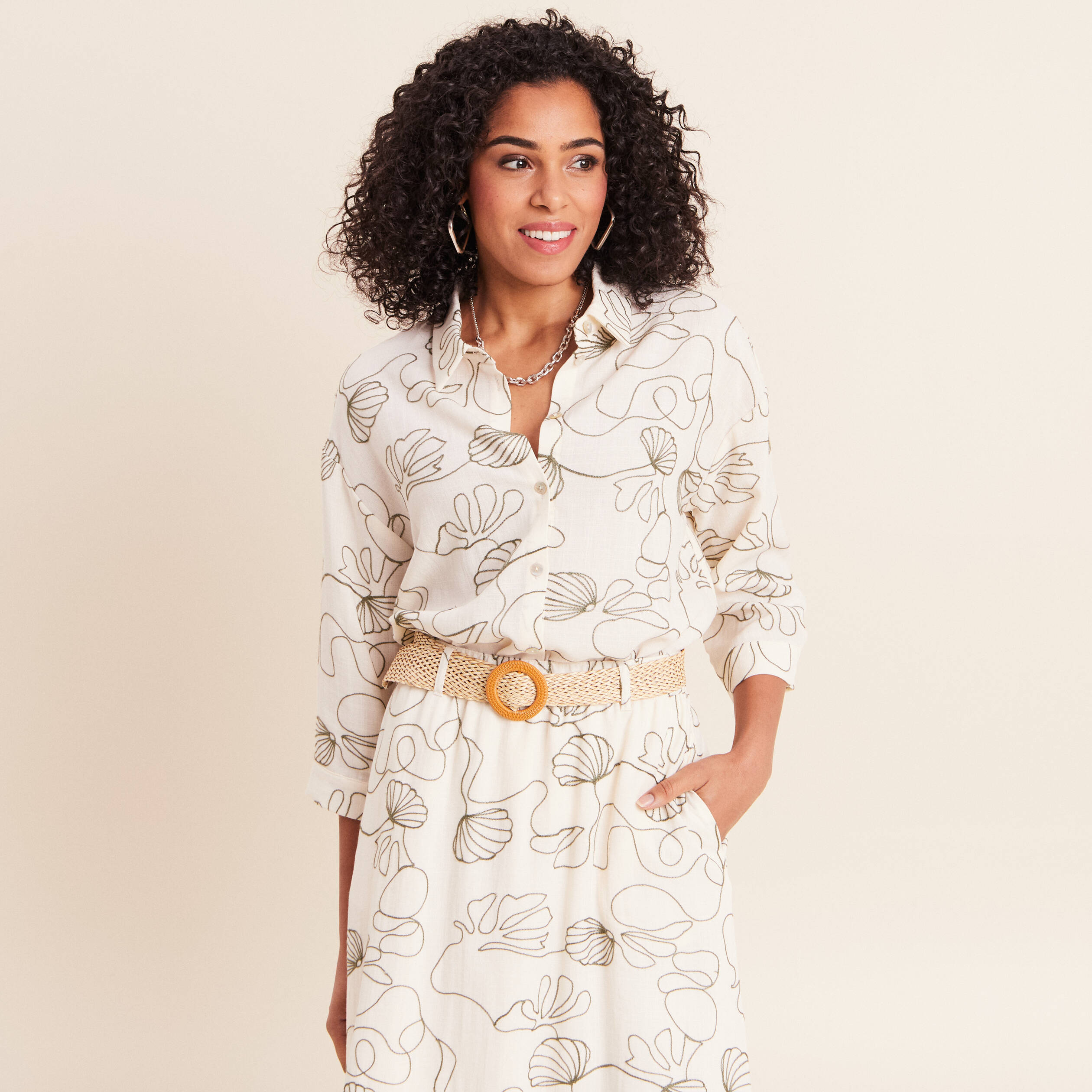 Chemise broderie col chemise manches 3/4 vert femme