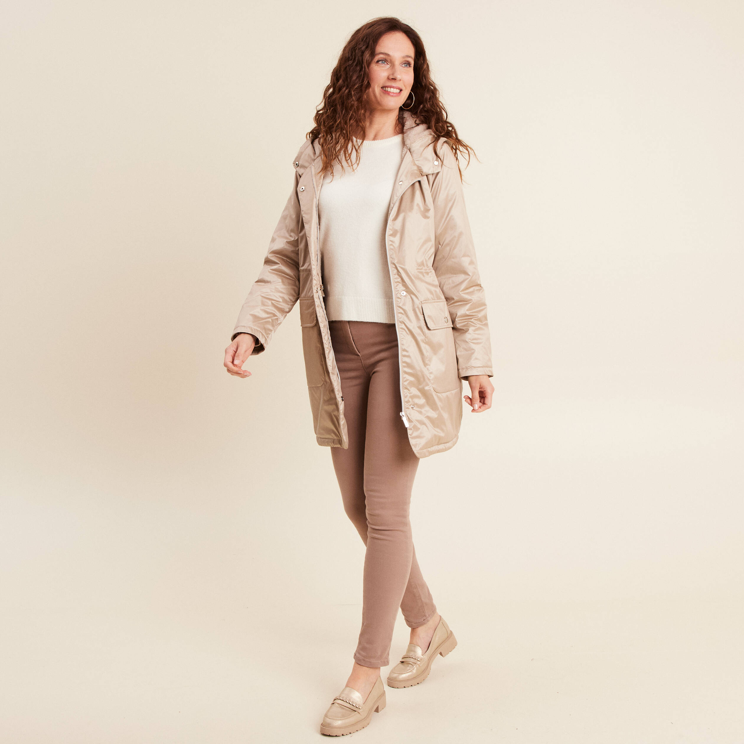 Parka d&eacute;perlante manches longues sable femme
