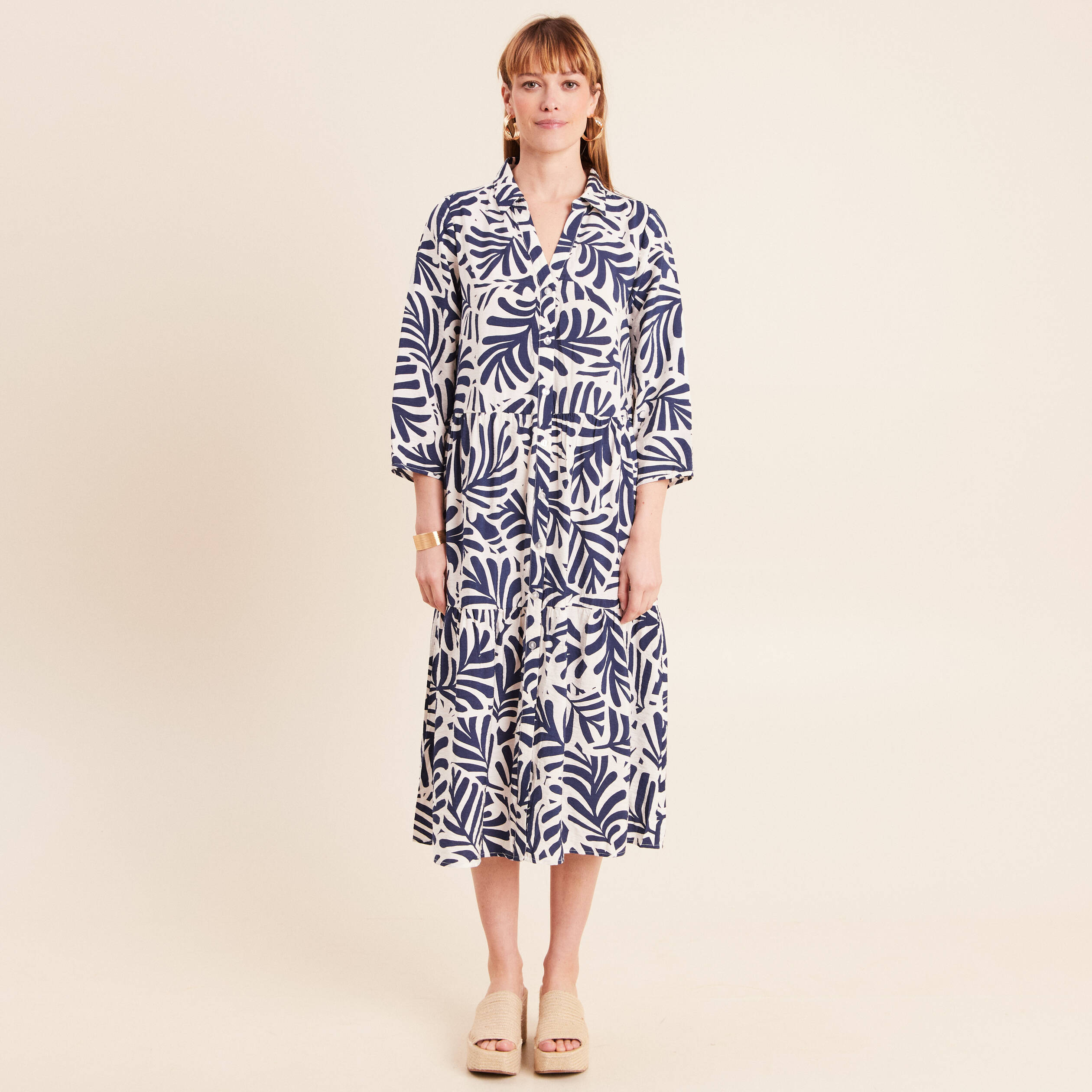 Robe fluide col am&eacute;ricain manches 3/4 blanc femme