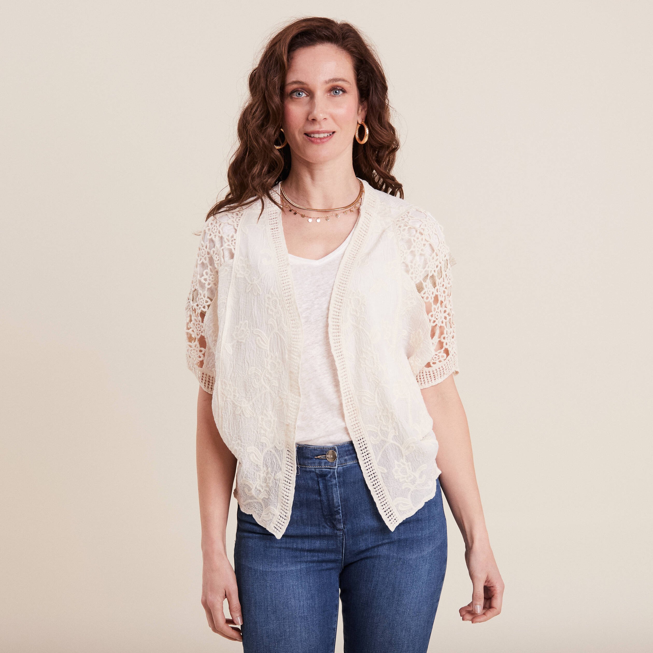 Gilet manches courtes dentelle ivoire femme