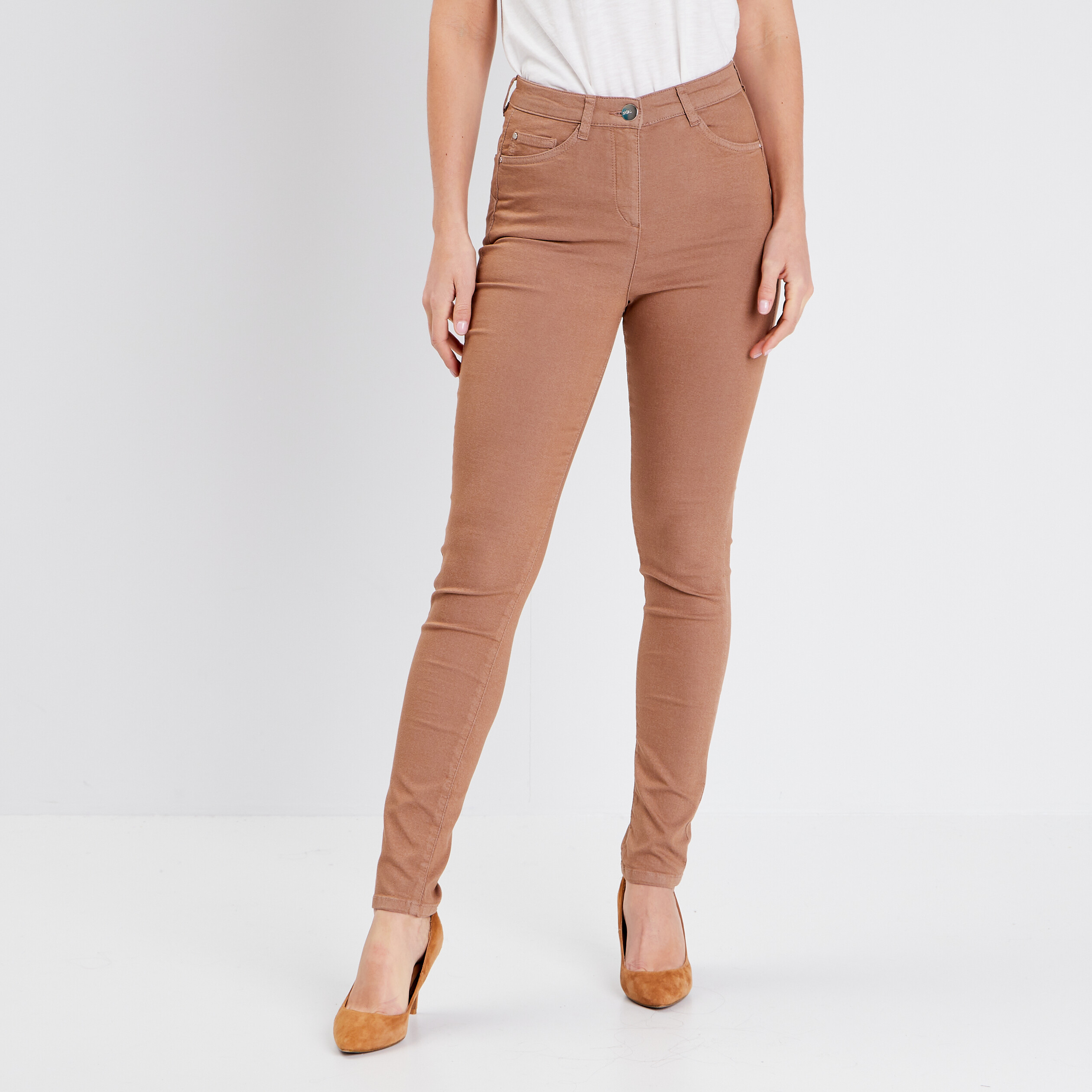 Pantalon léger taille haute long marron femme