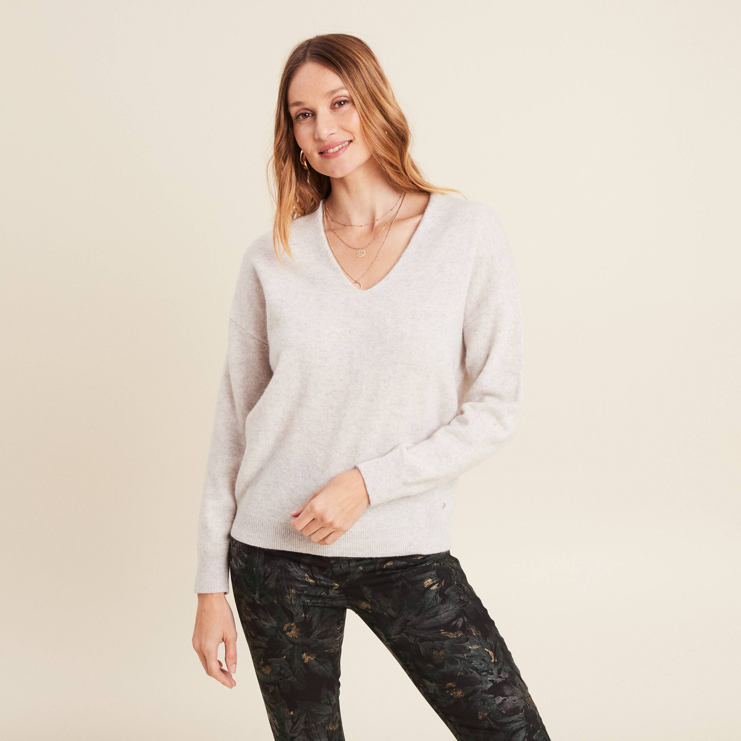 Pull en cachemire manches longues gris clair femme