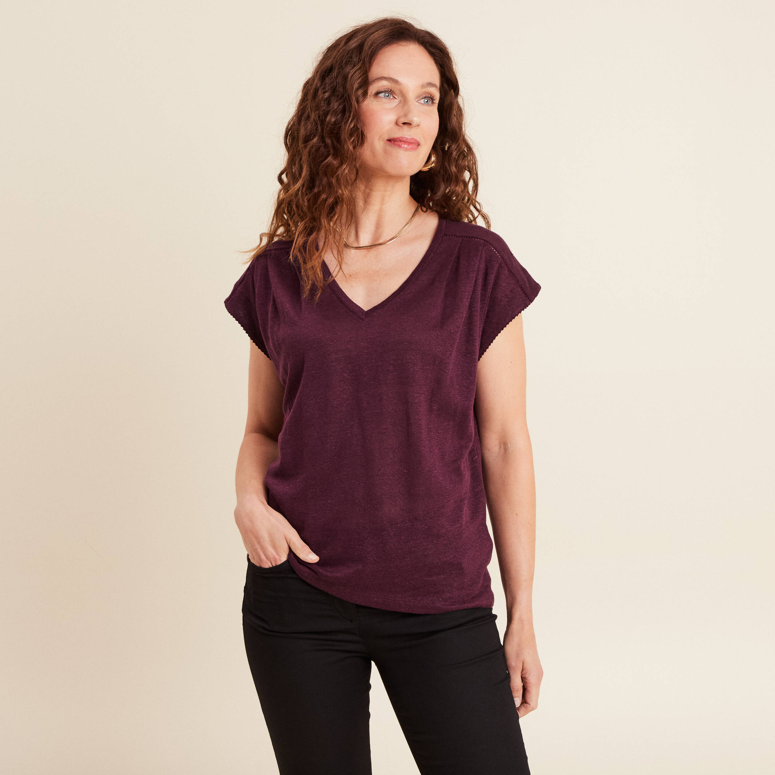top col v manches courtes en lin prune femme Top col v manches courtes en lin prune femme