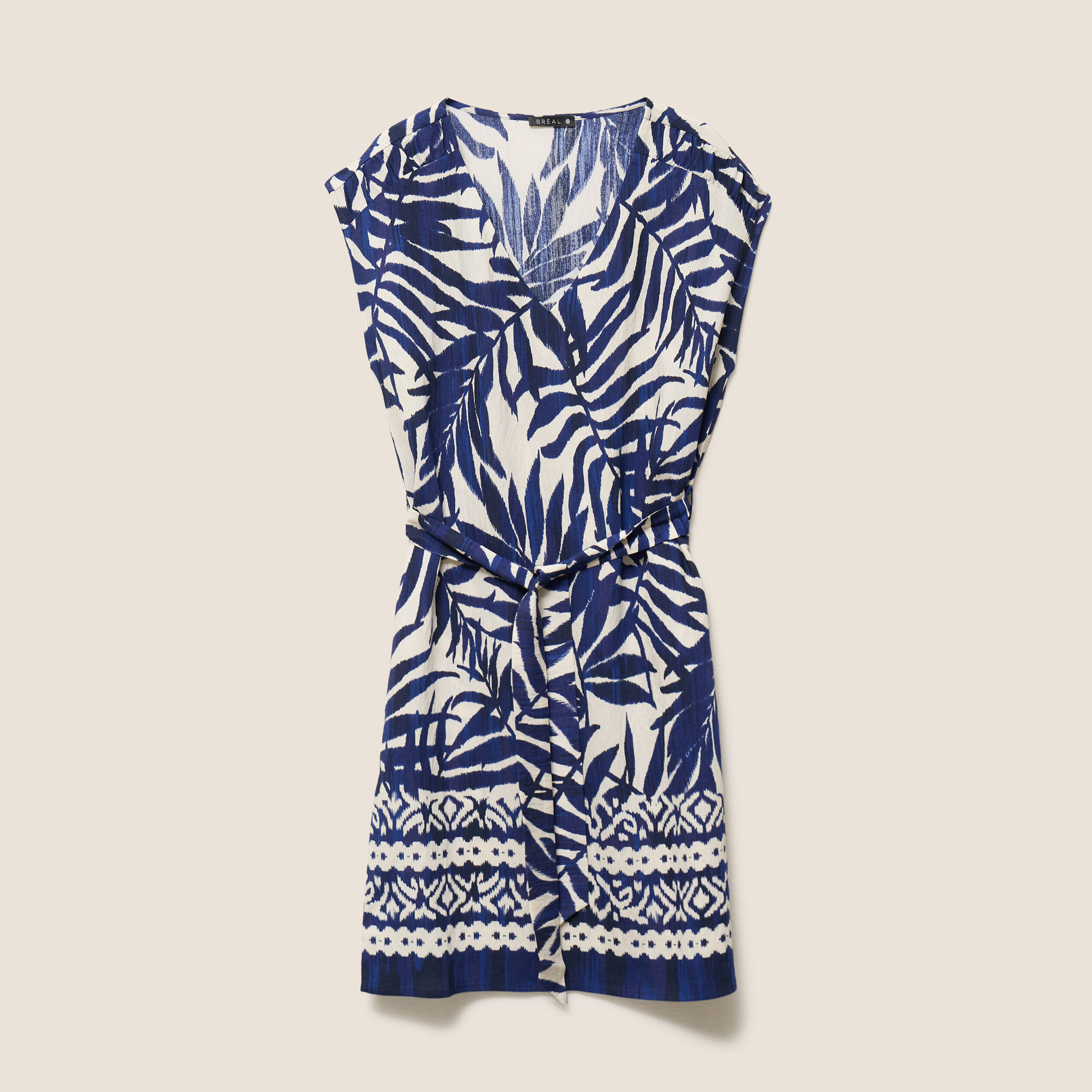 Robe droite courte col V manches courtes bleu femme