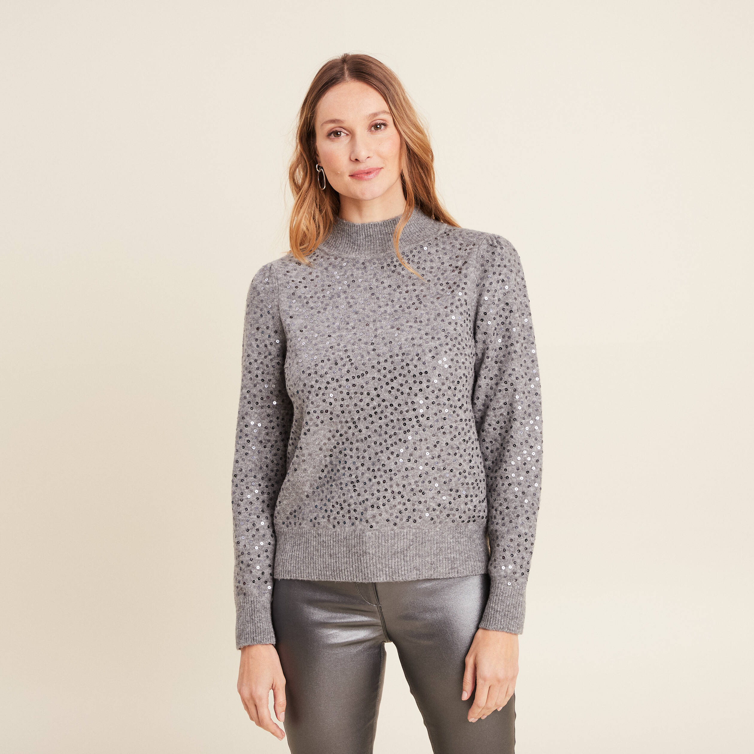 Pull manches longues sequins gris clair femme