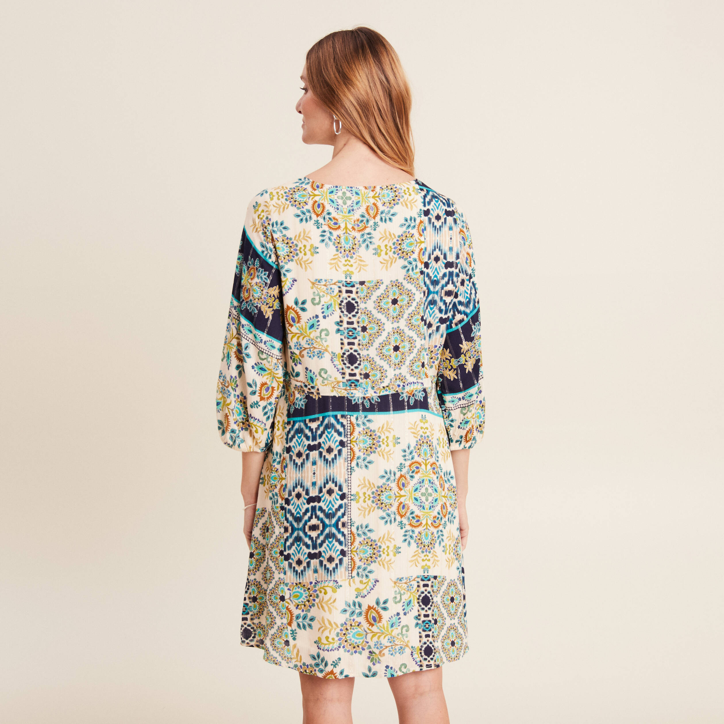 Robe évasée fluide manches 3/4 bleu femme