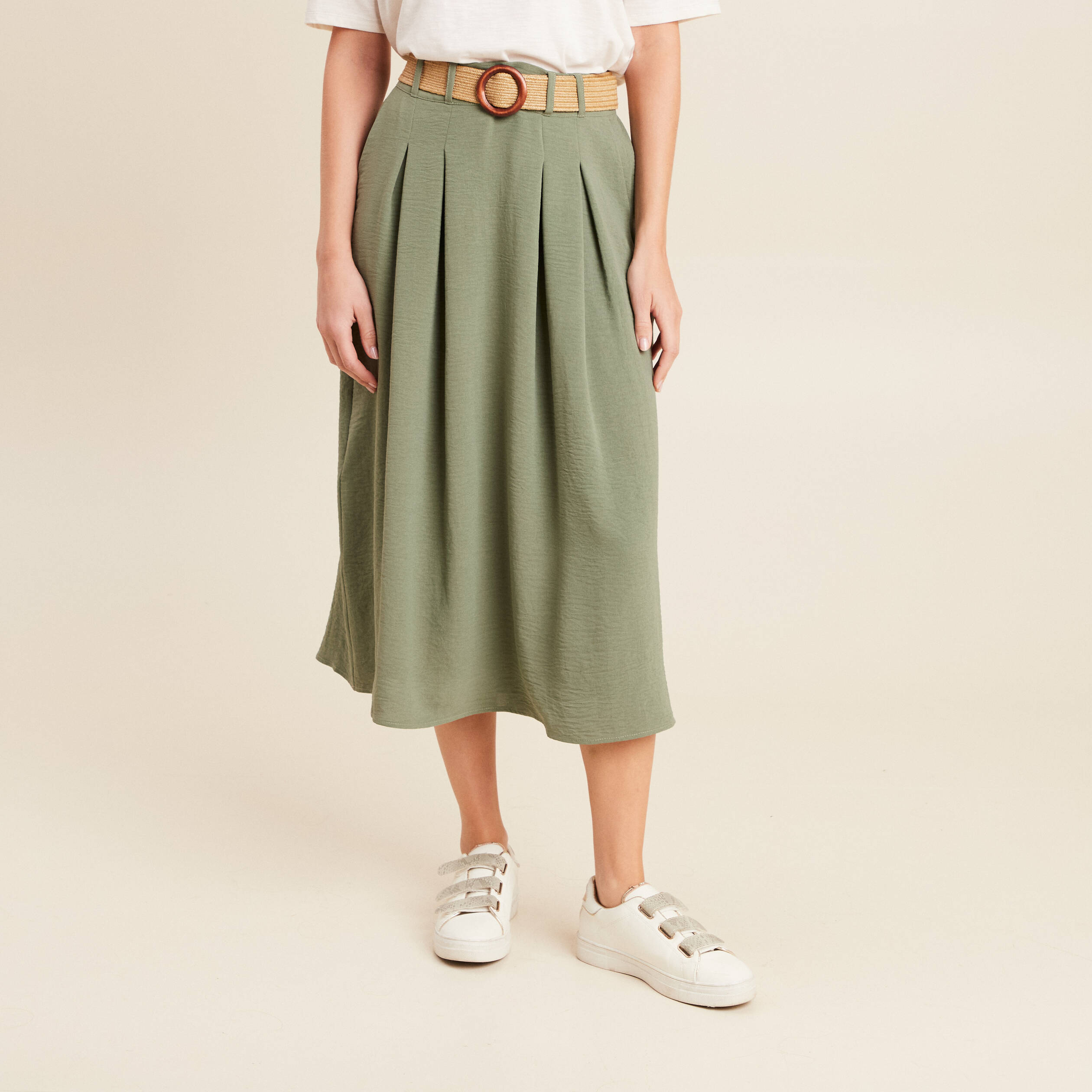 jupe longue evasee ceinturee vert kaki femme Jupe longue évasée ceinturée vert kaki femme
