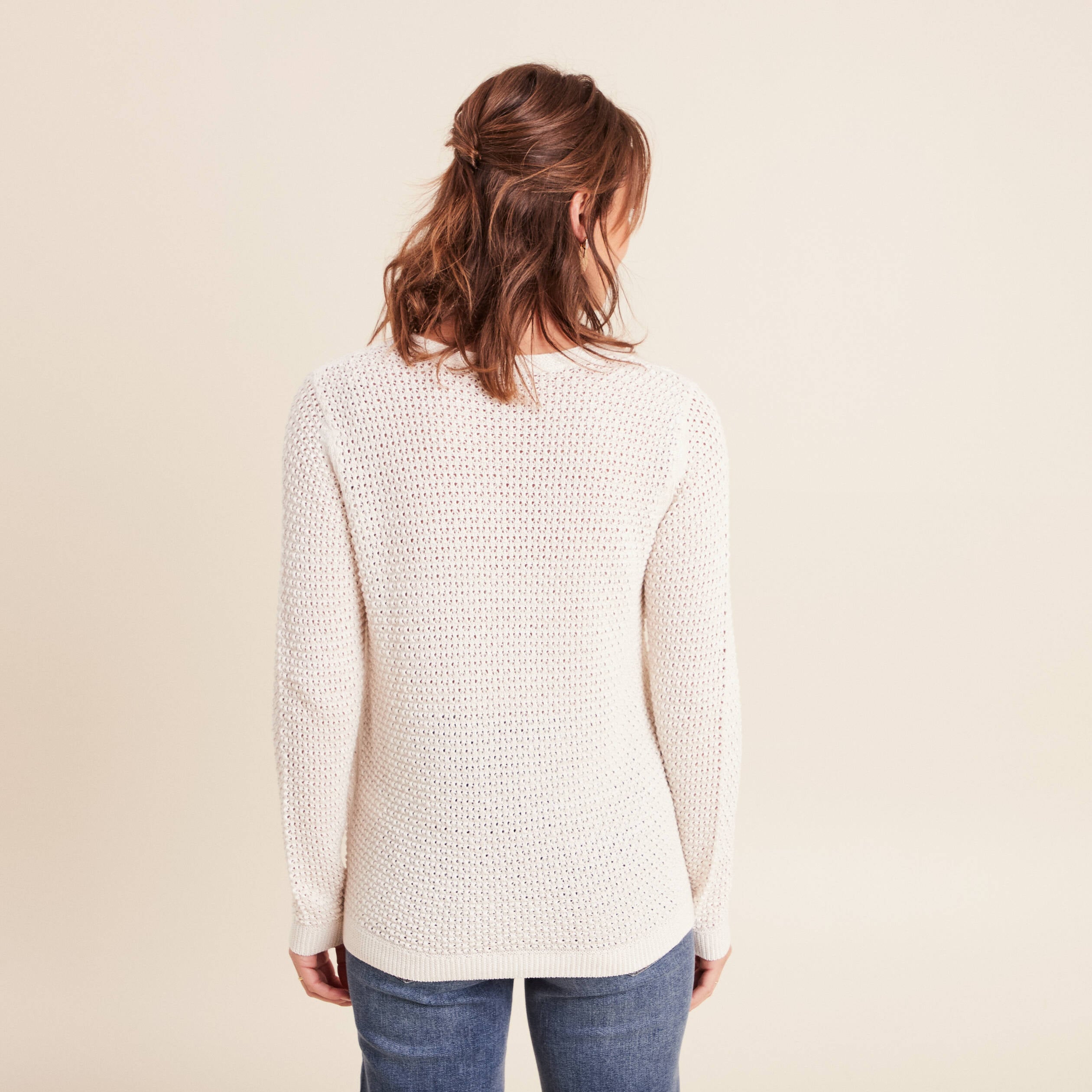 Pull manches longues col en V ecru femme