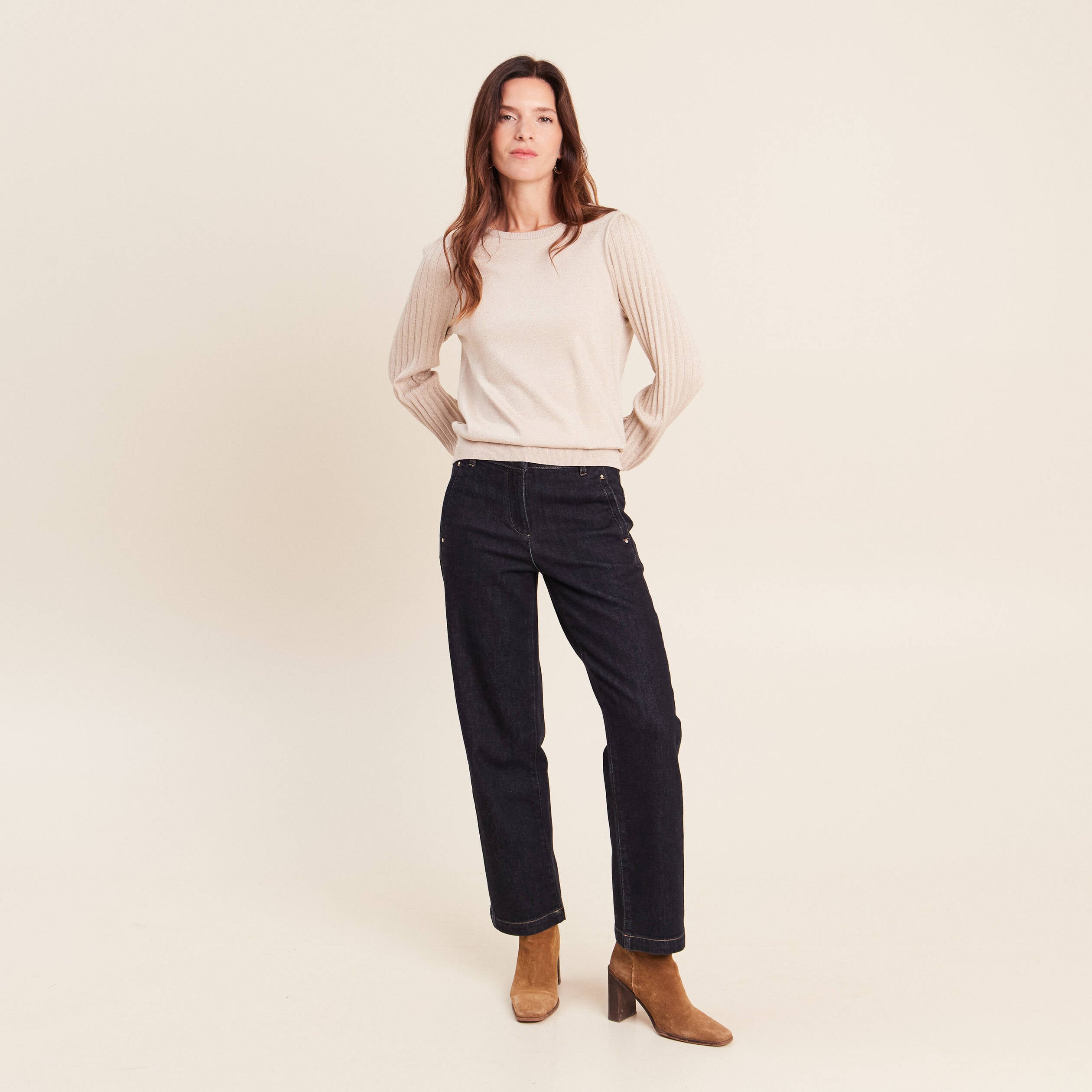 Pull cintr&eacute; col rond manches longues couleur or femme