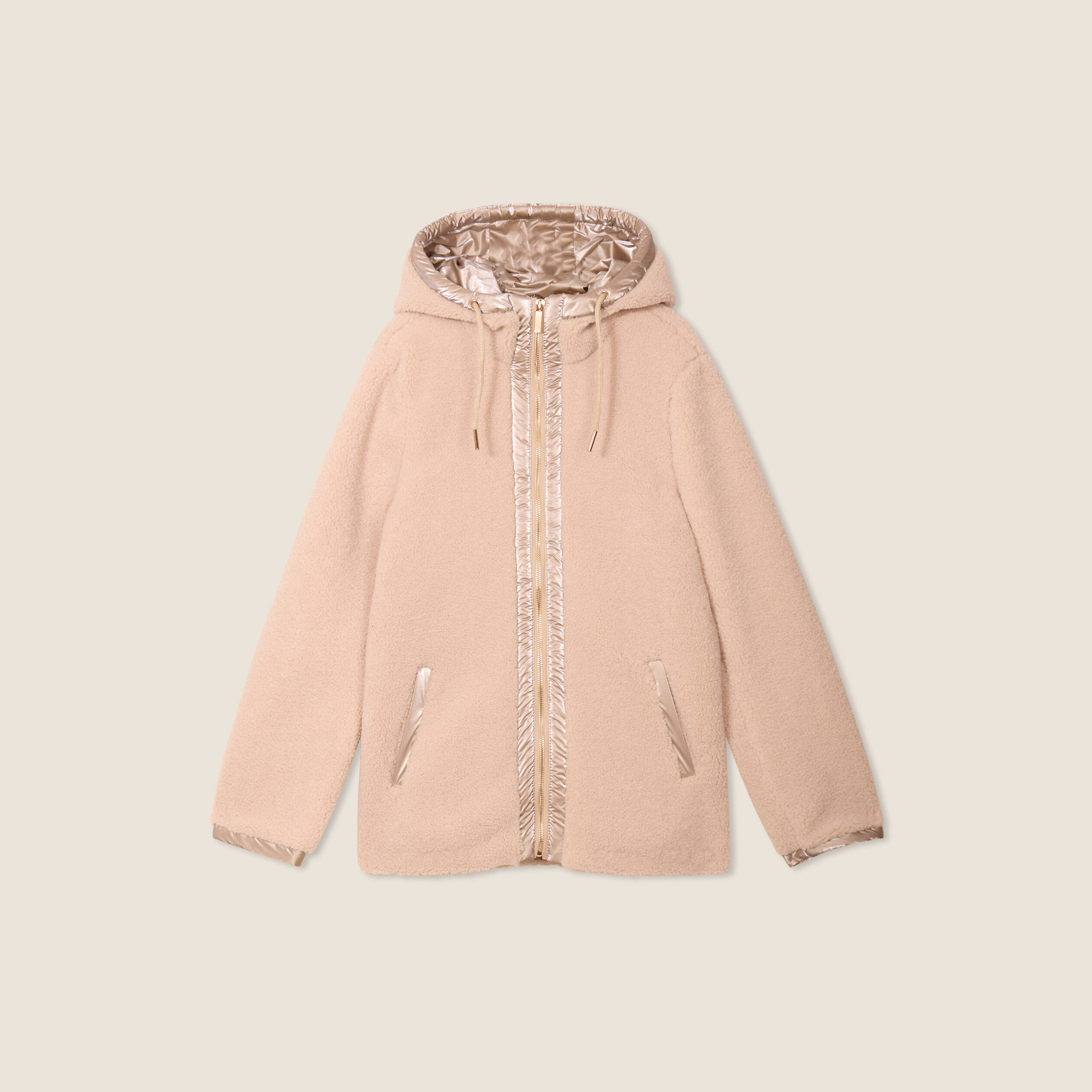 Manteau à capuche laine mouton ecru femme